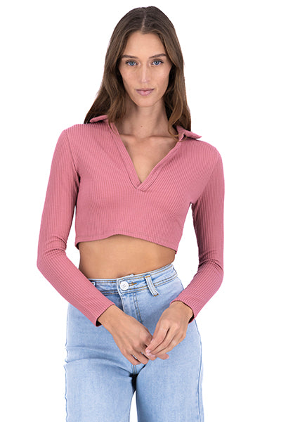 Blusa crop acanalada cuello polo MALVA