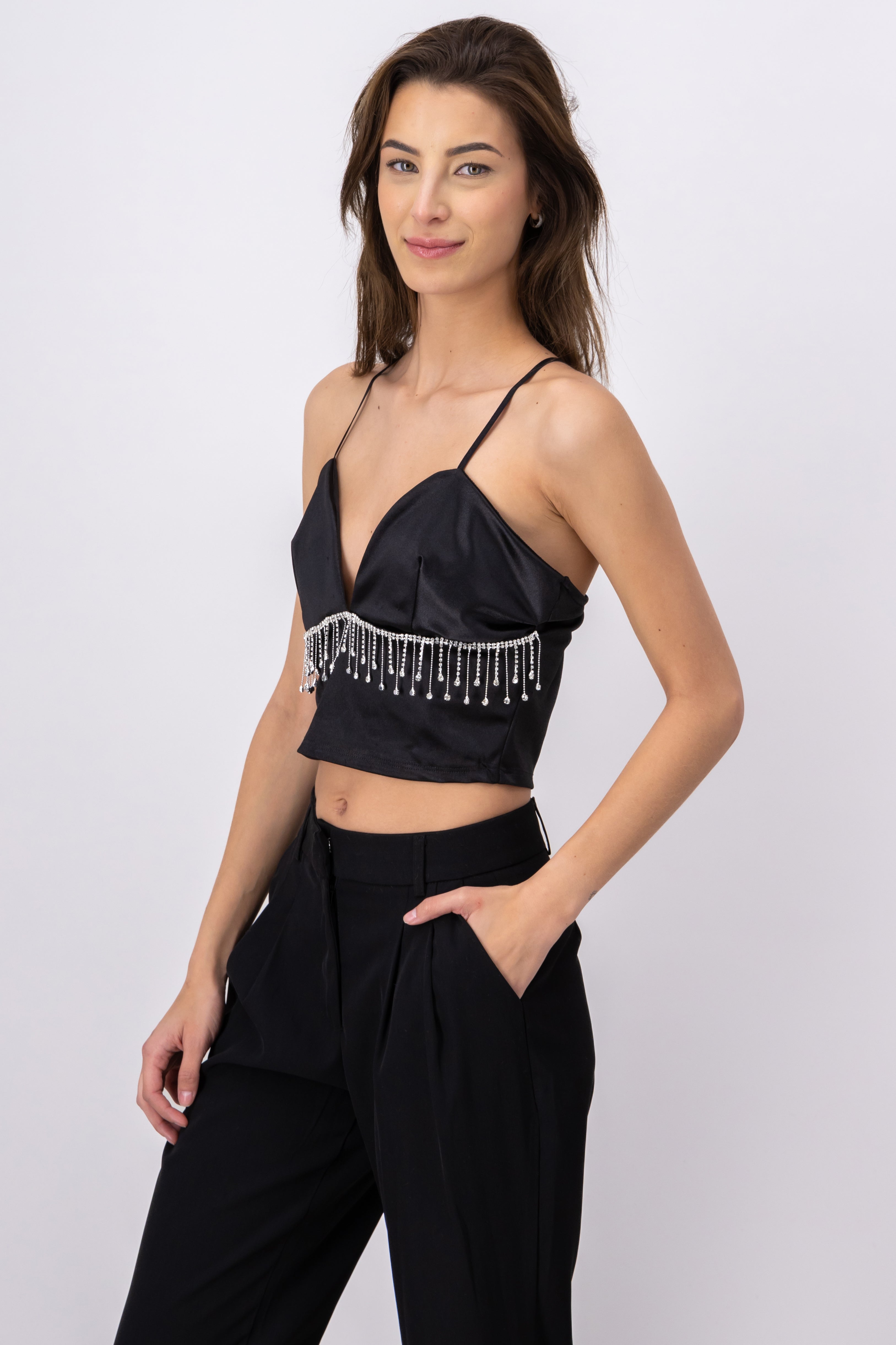 Top tirantes detalle brillos NEGRO