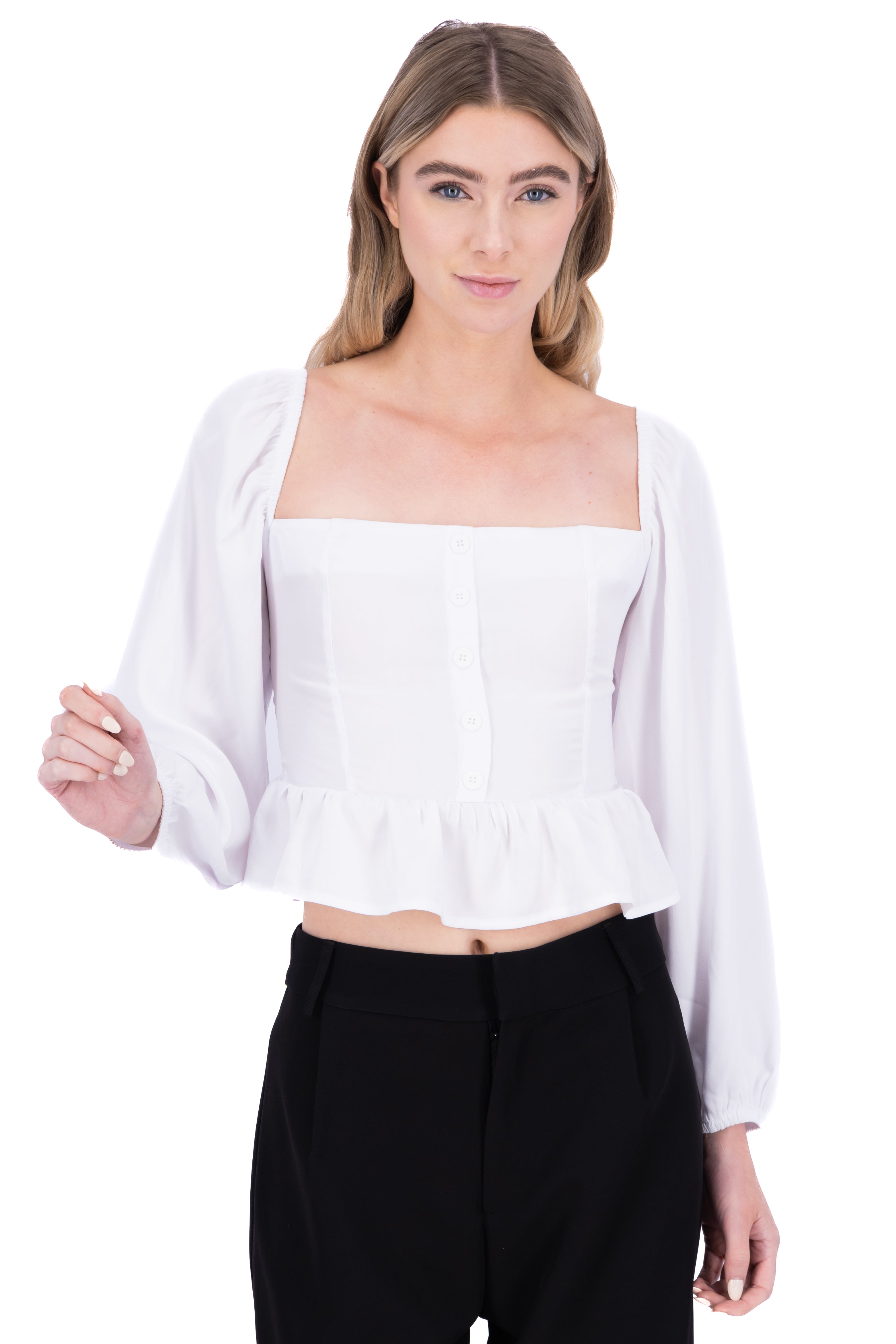 Blusa manga larga abullonada botones BLANCO
