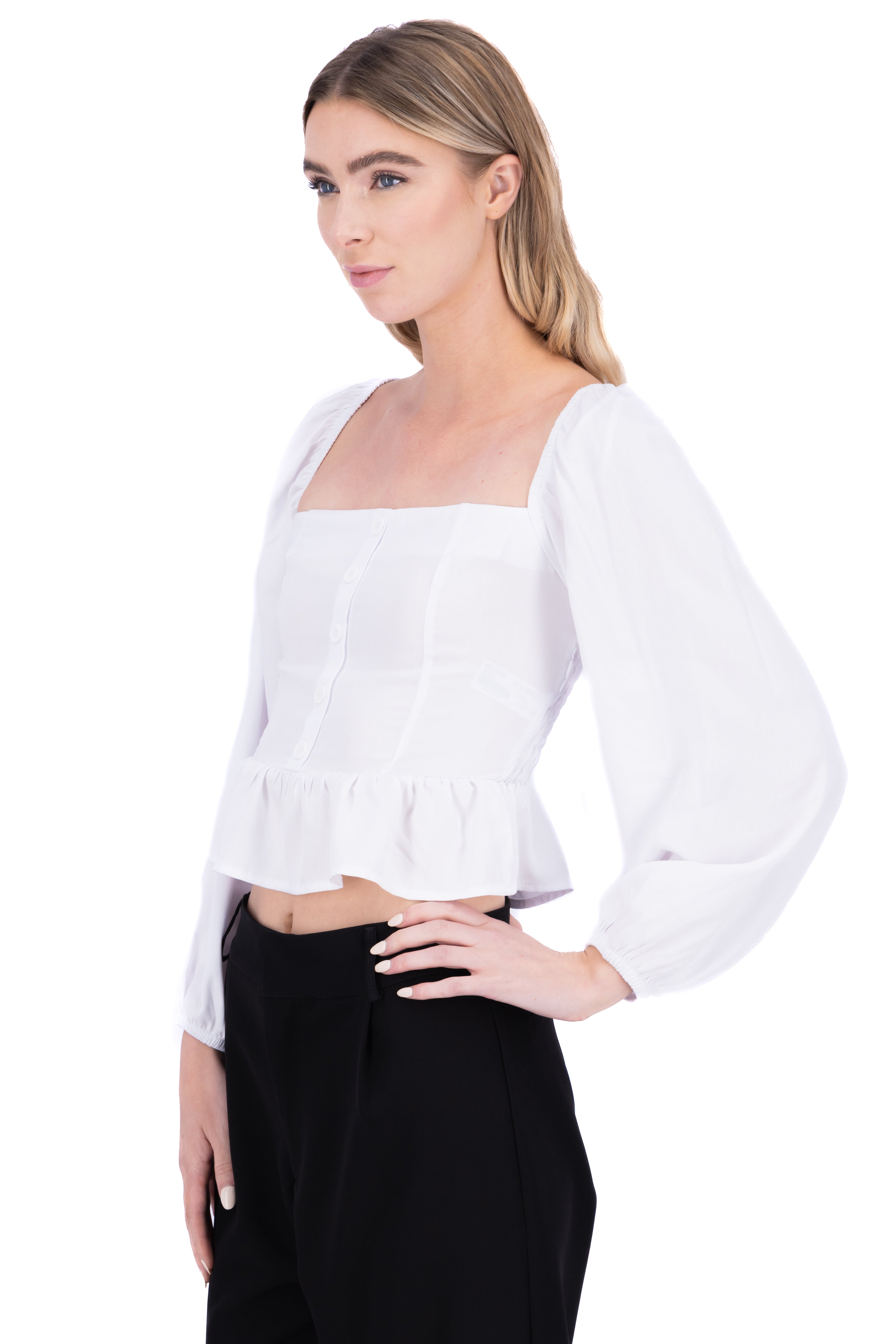 Blusa manga larga abullonada botones BLANCO