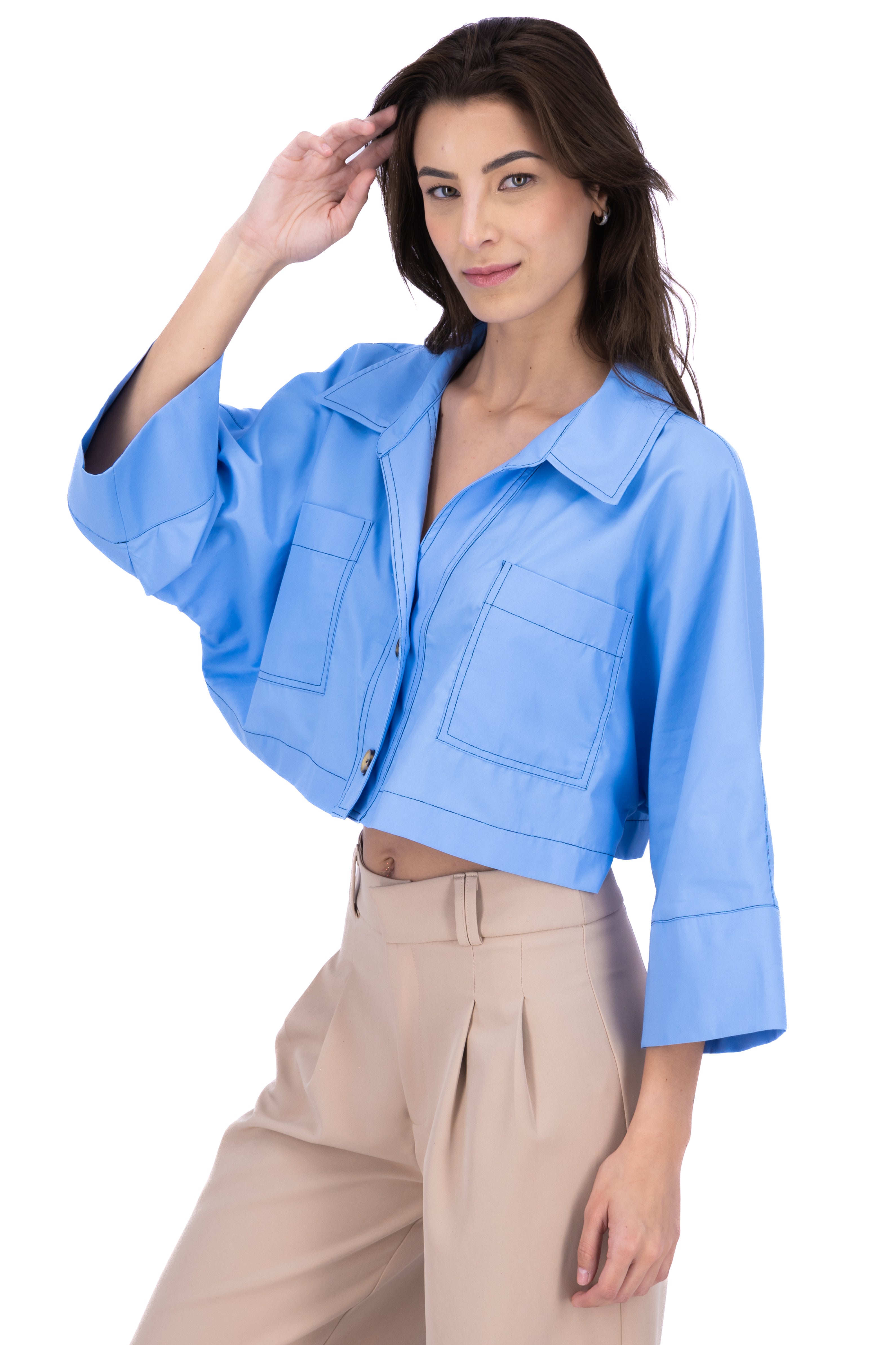 Camisa crop manga amplia AZUL