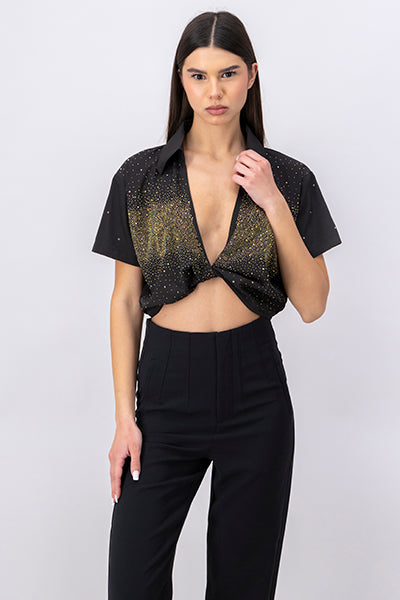 Camisa crop nudo brillos NEGRO