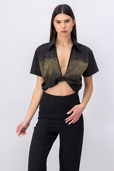 Camisa crop nudo brillos NEGRO