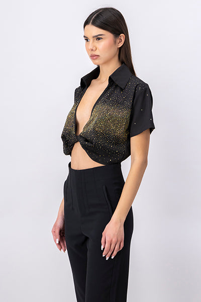 Camisa crop nudo brillos NEGRO