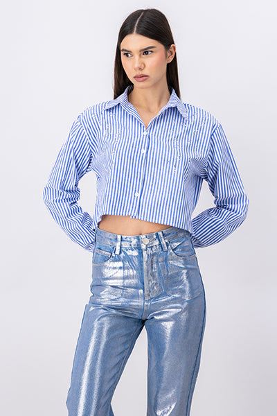 Camisa crop rayas brillos AZUL COMBO