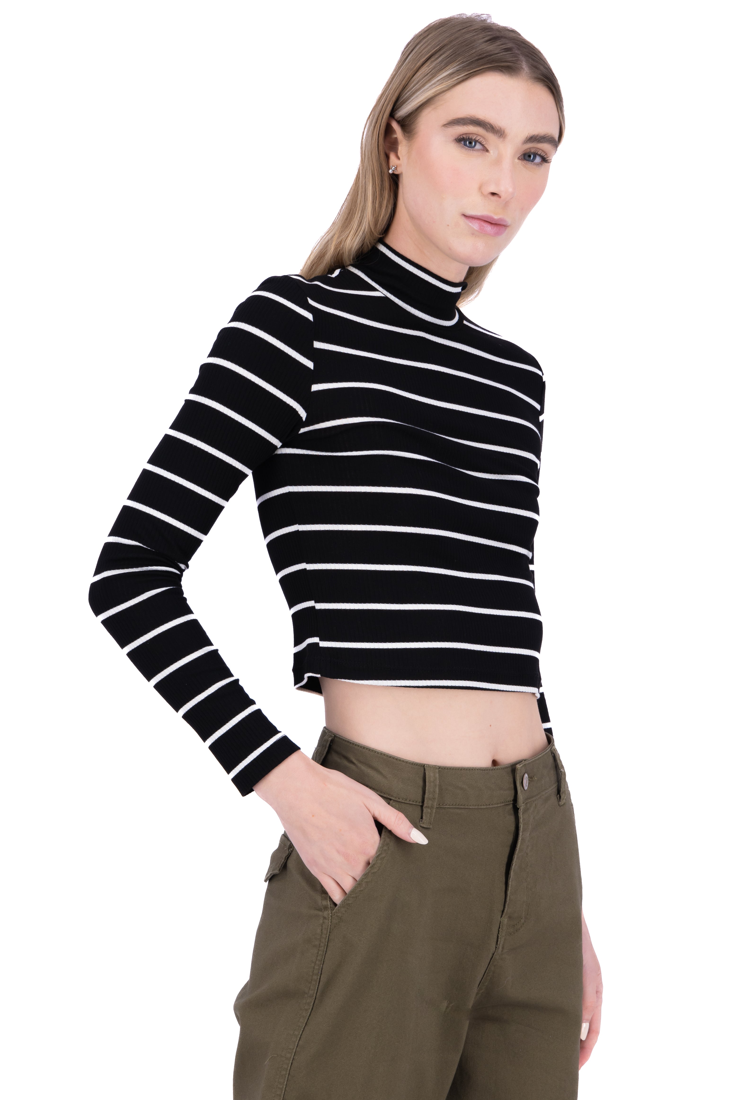 Top acanalado cuello alto líneas NEGRO COMBO