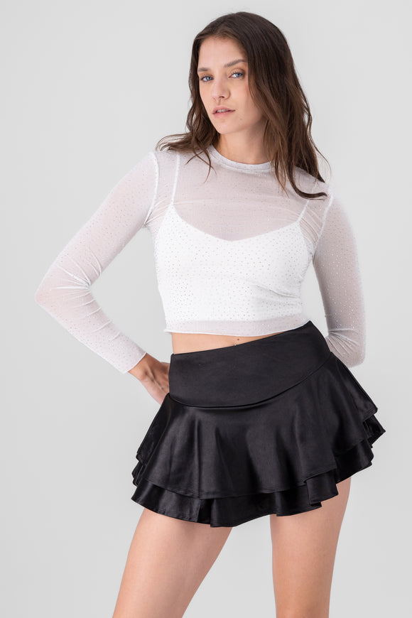 Top Mesh Manga Larga Brillos