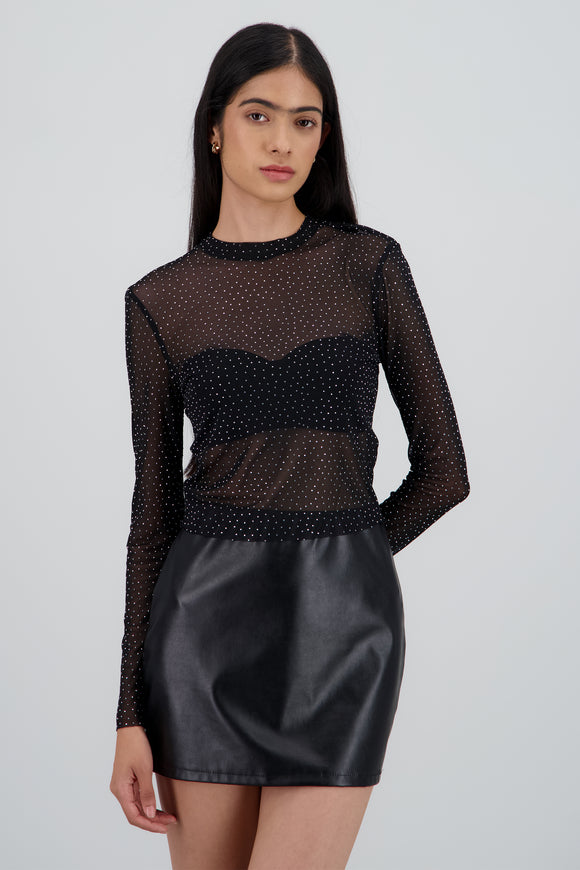 Top Mesh Manga Larga Brillos