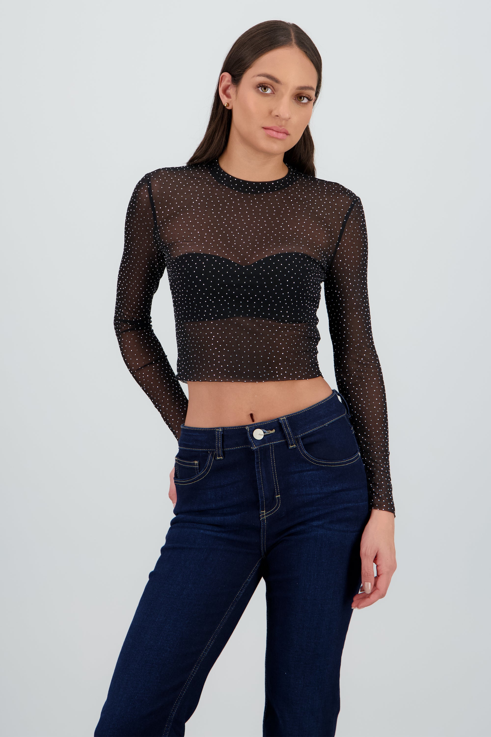Top Mesh Manga Larga Brillos