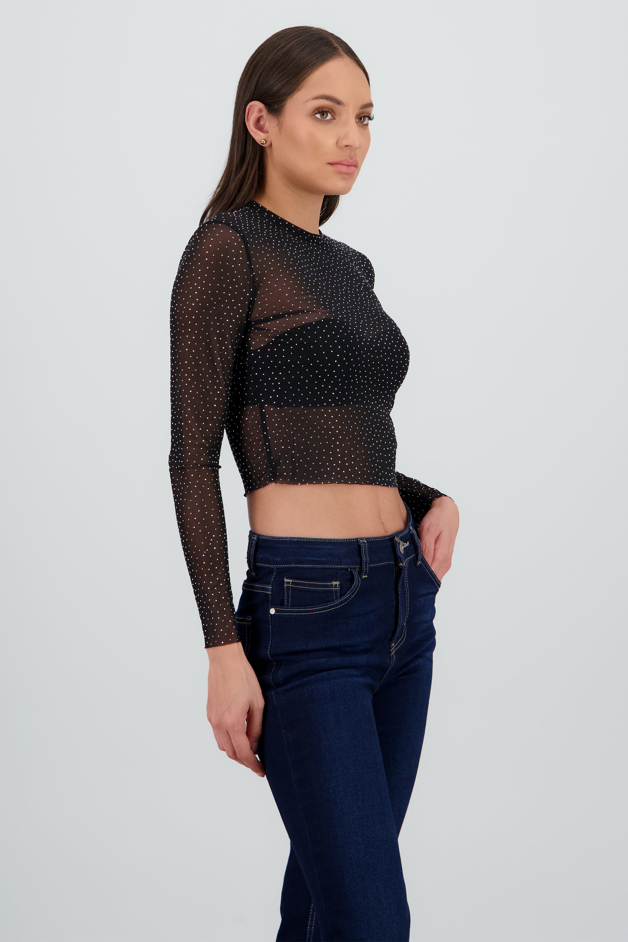 Top Mesh Manga Larga Brillos
