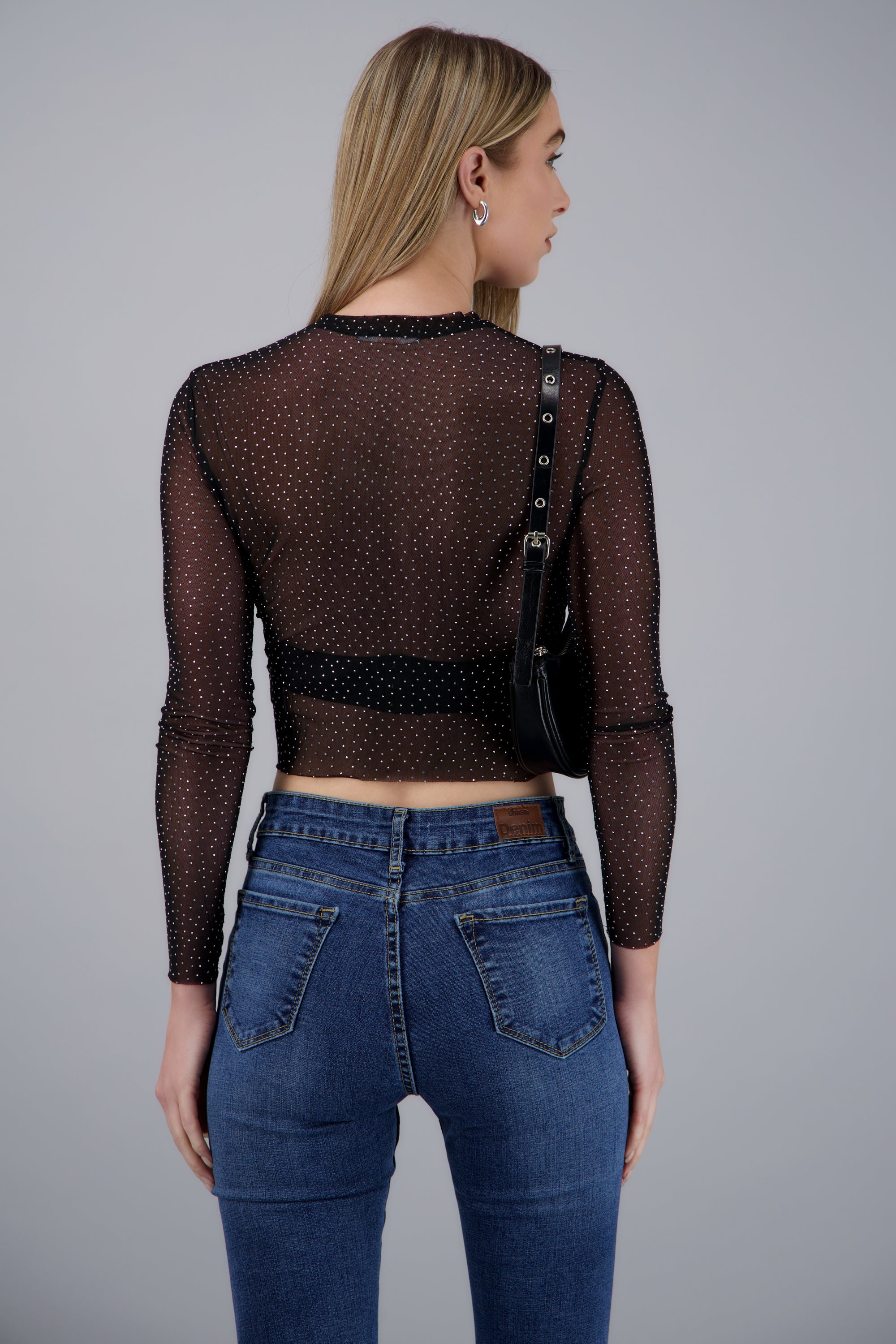Top Mesh Manga Larga Brillos NEGRO