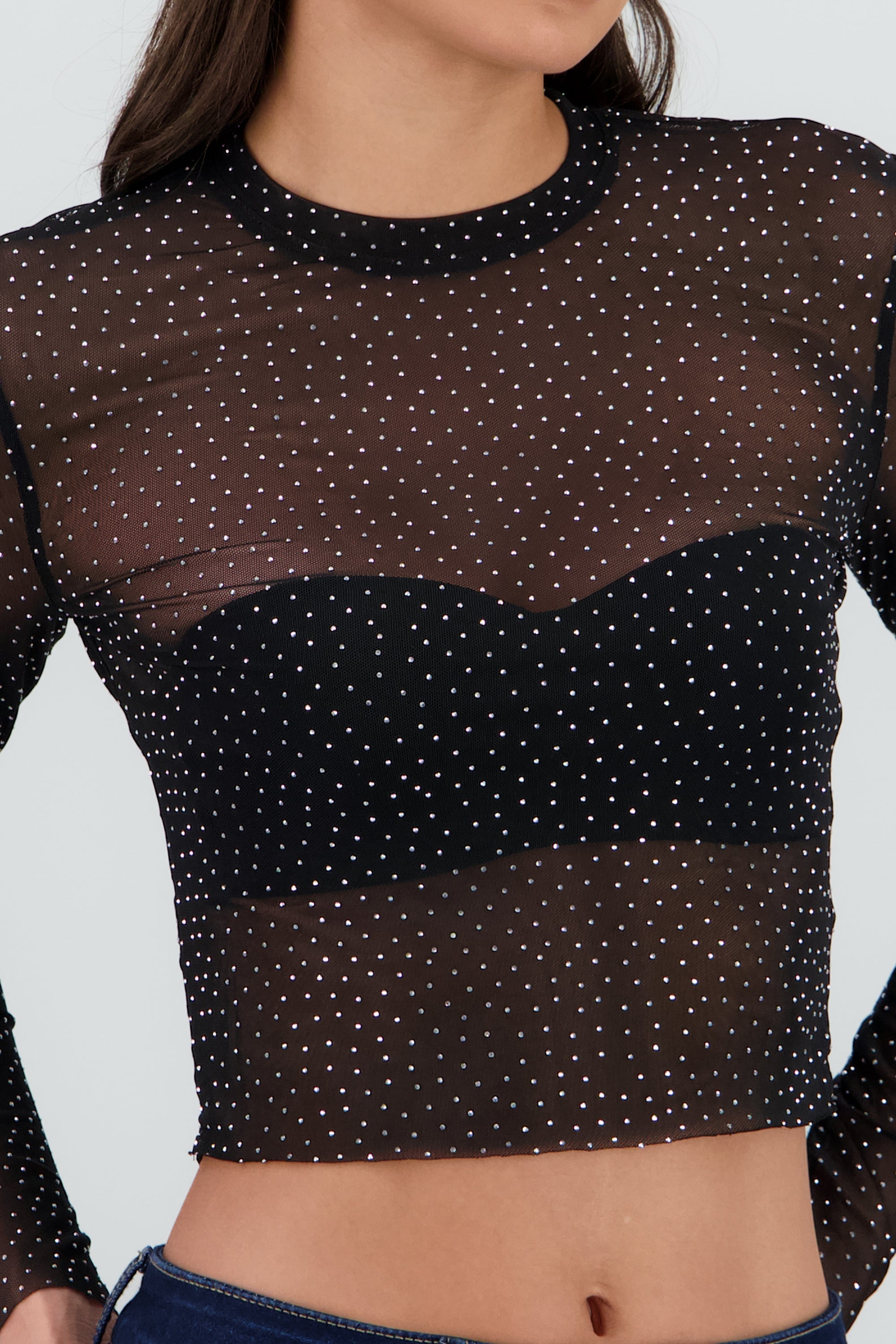 Top Mesh Manga Larga Brillos