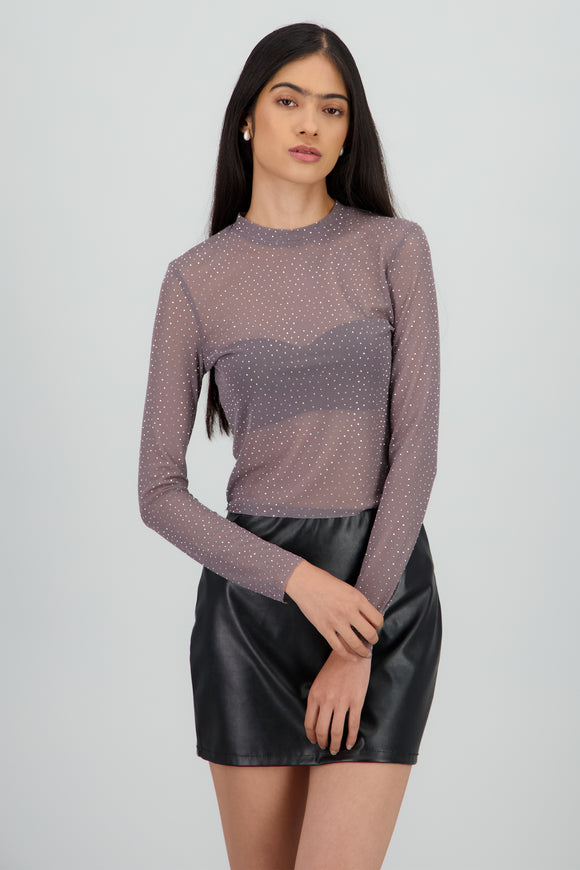 Top Mesh Manga Larga Brillos