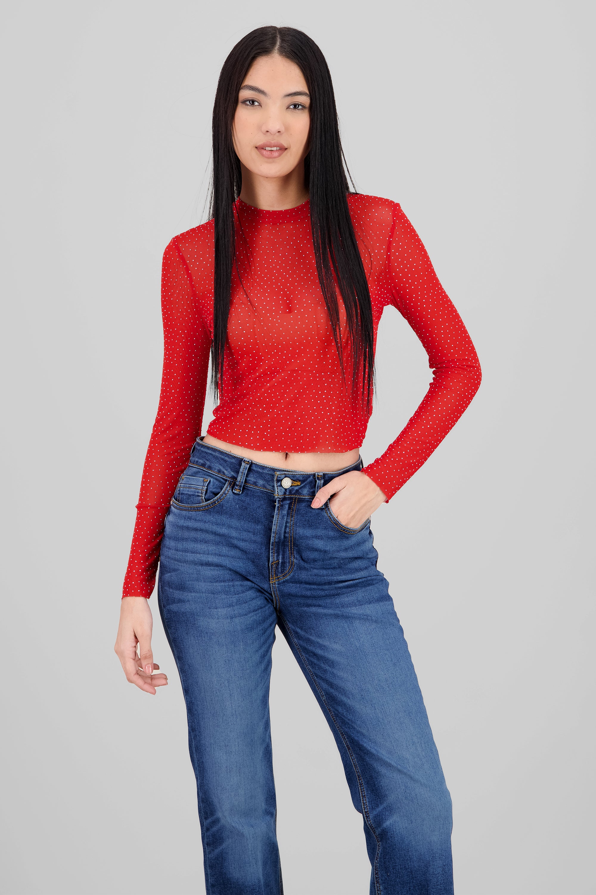 Top Mesh Manga Larga Brillos ROJO