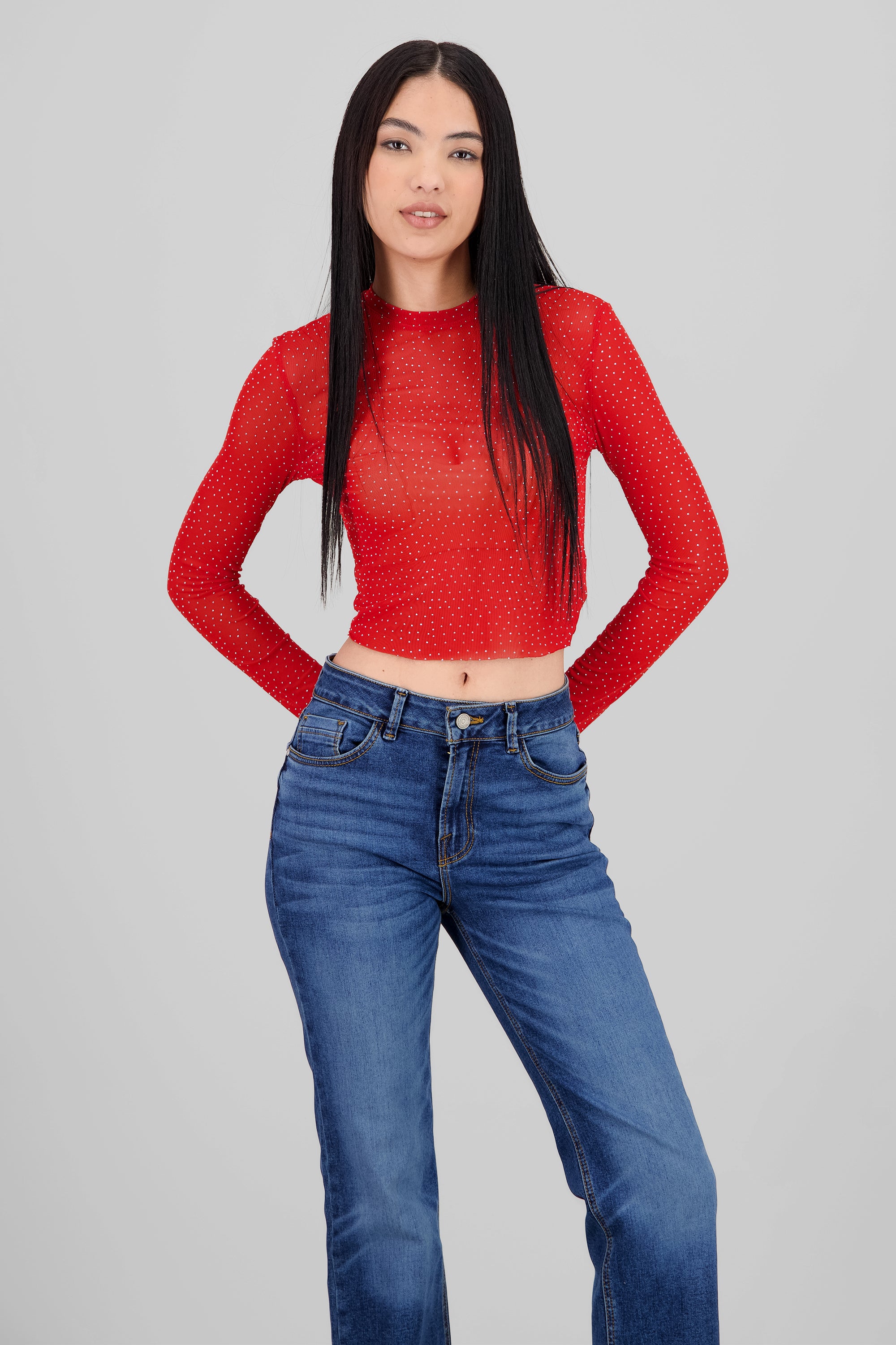 Top Mesh Manga Larga Brillos ROJO