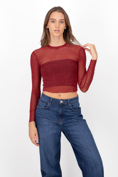 Top Mesh Manga Larga Brillos