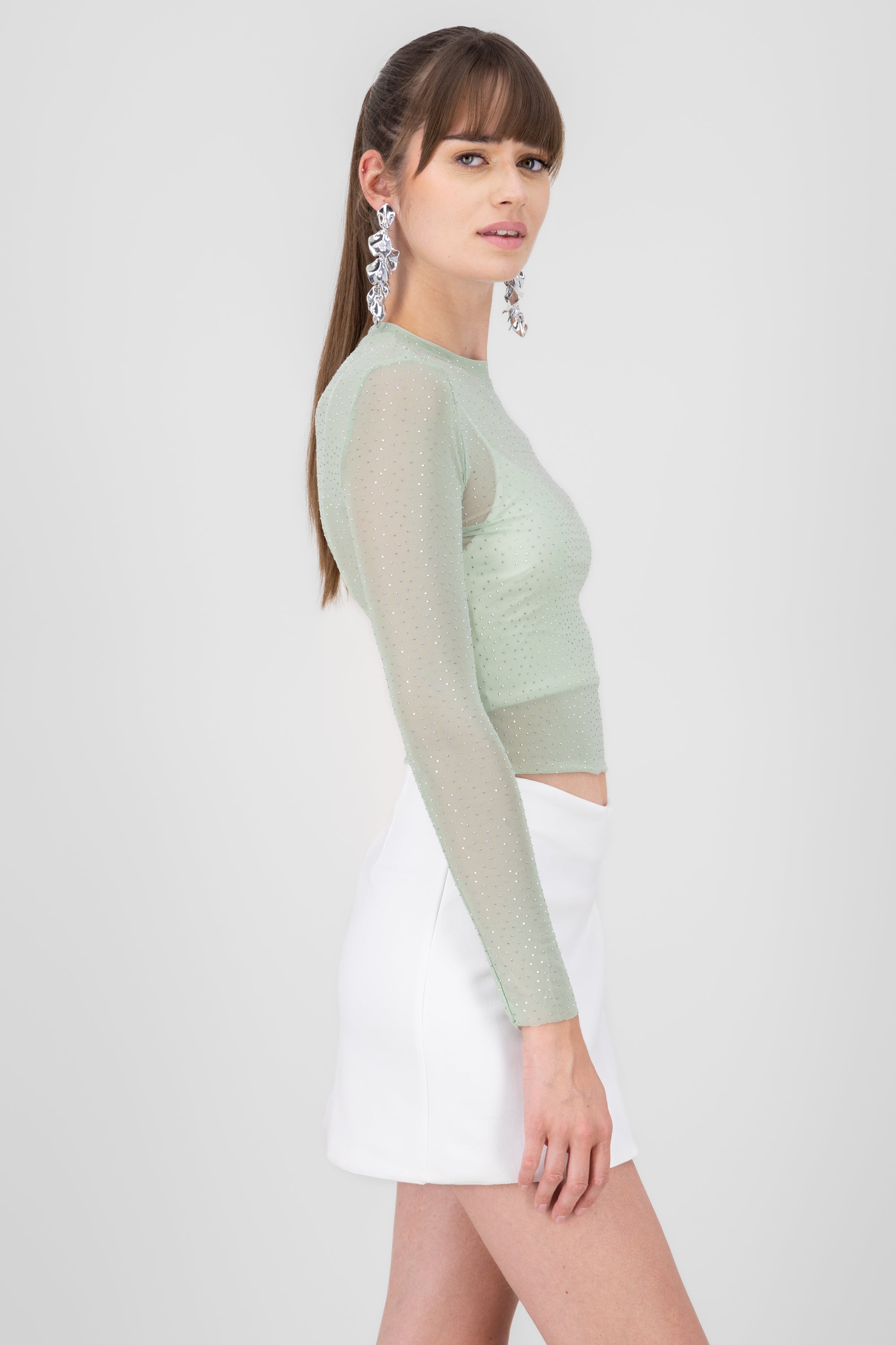 Top Mesh Manga Larga Brillos