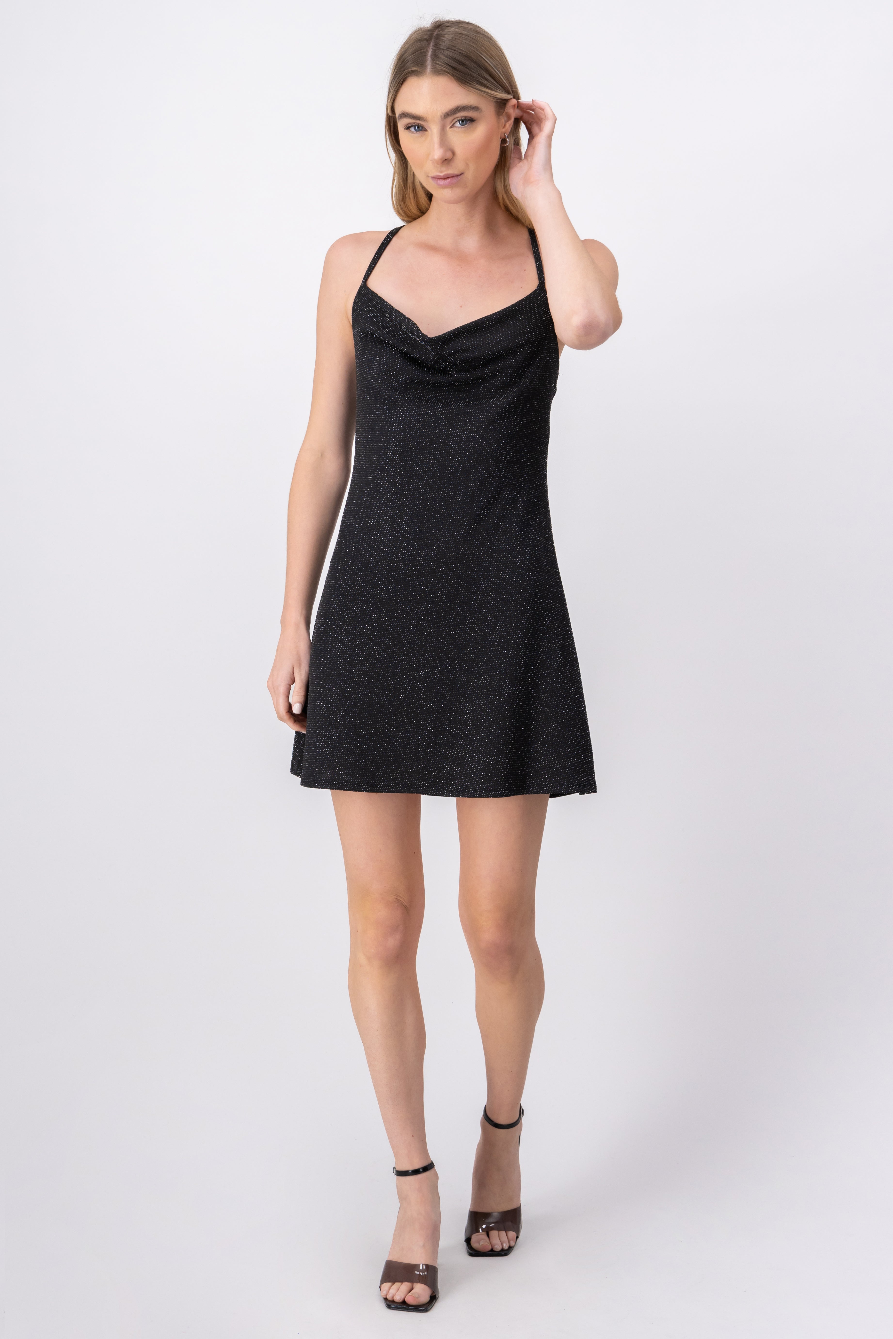 Vestido mini lurex escote drapeado NEGRO