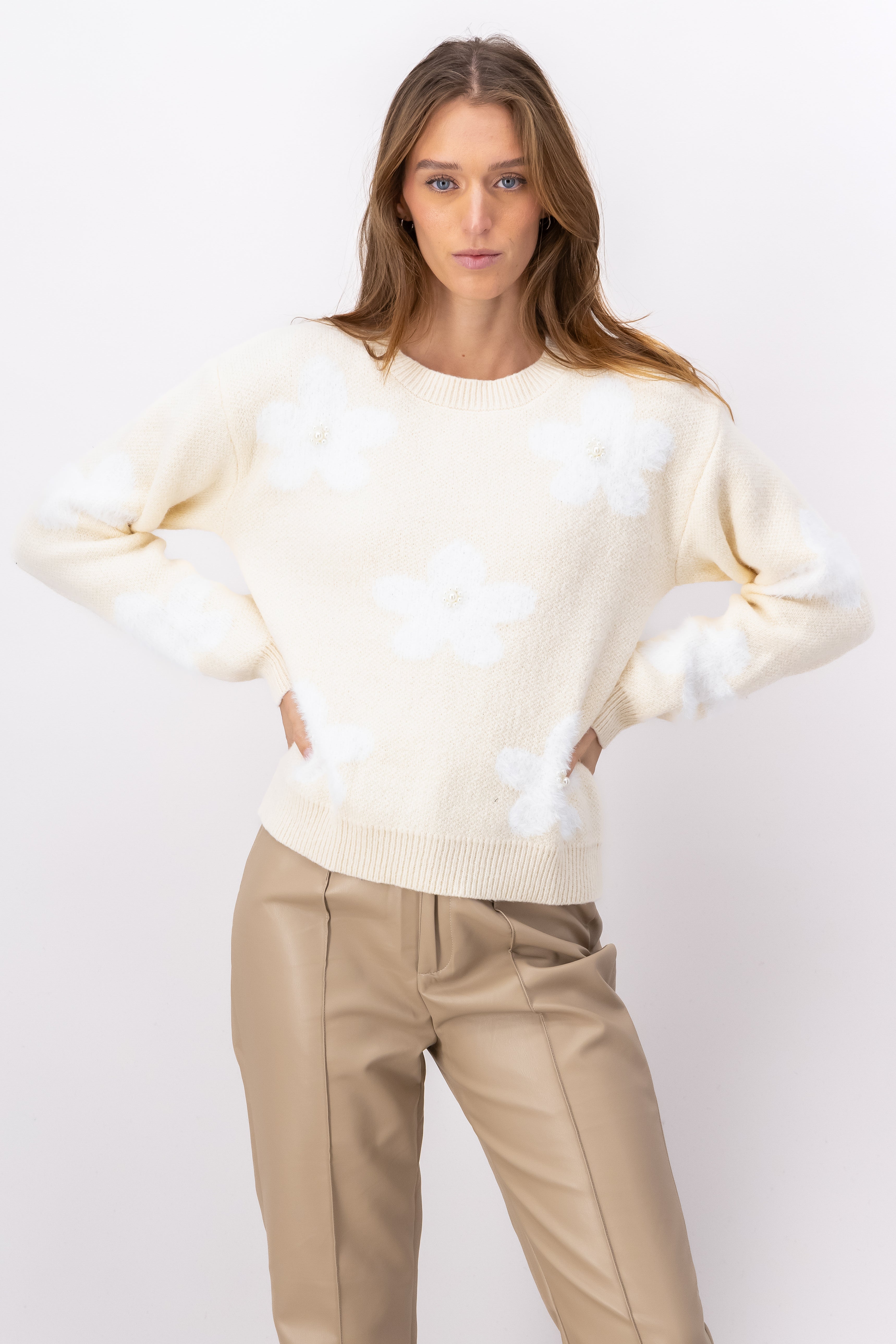 Suéter punto flores perlas BEIGE