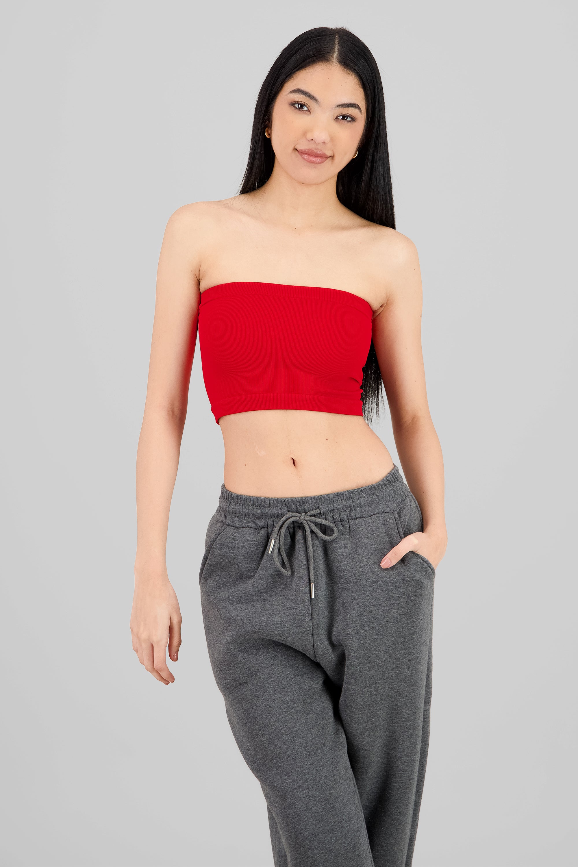 Top Tubo Strapless Rib ROJO CEREZA