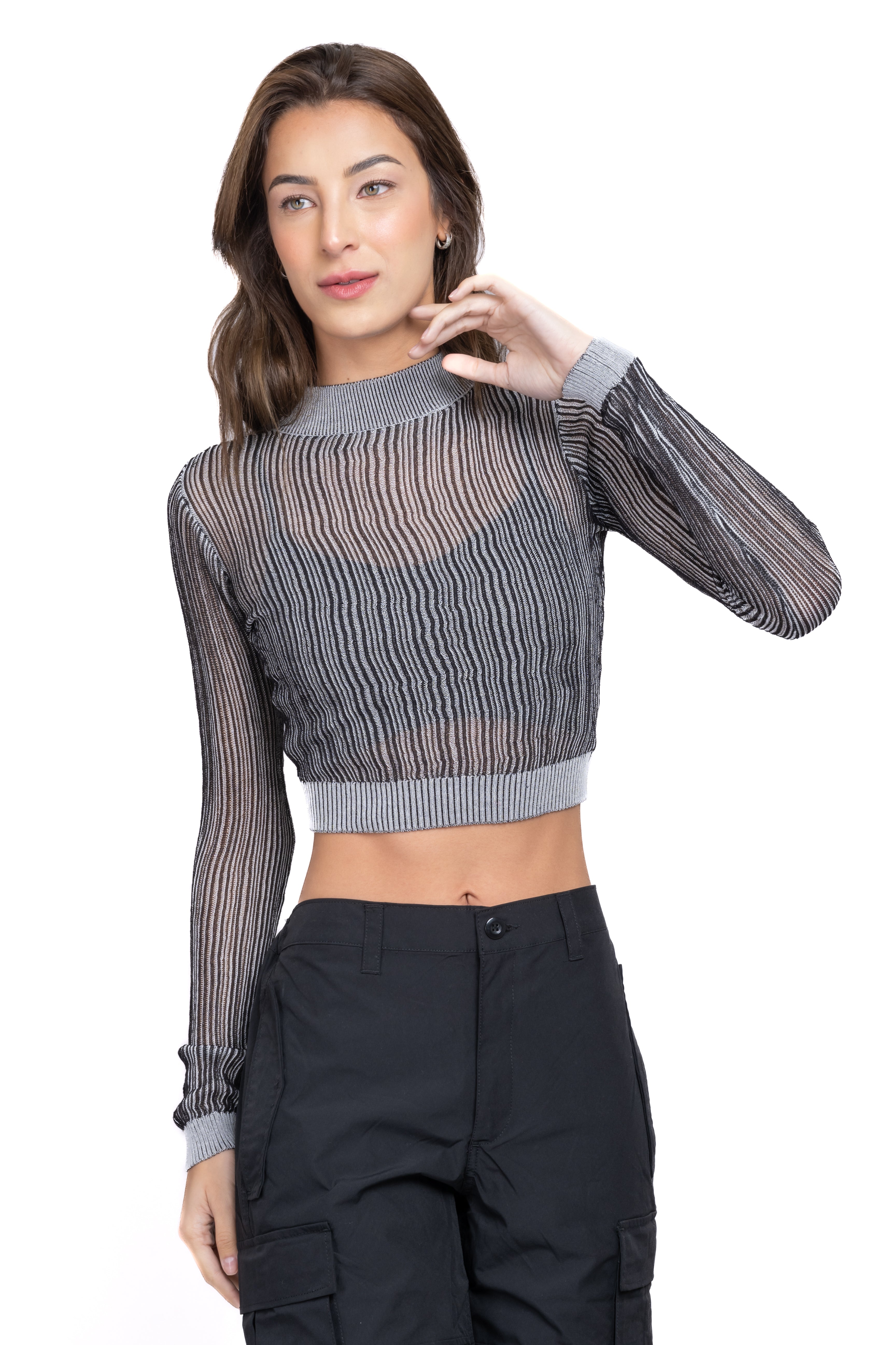 Top mesh líneas brillos GRIS COMBO