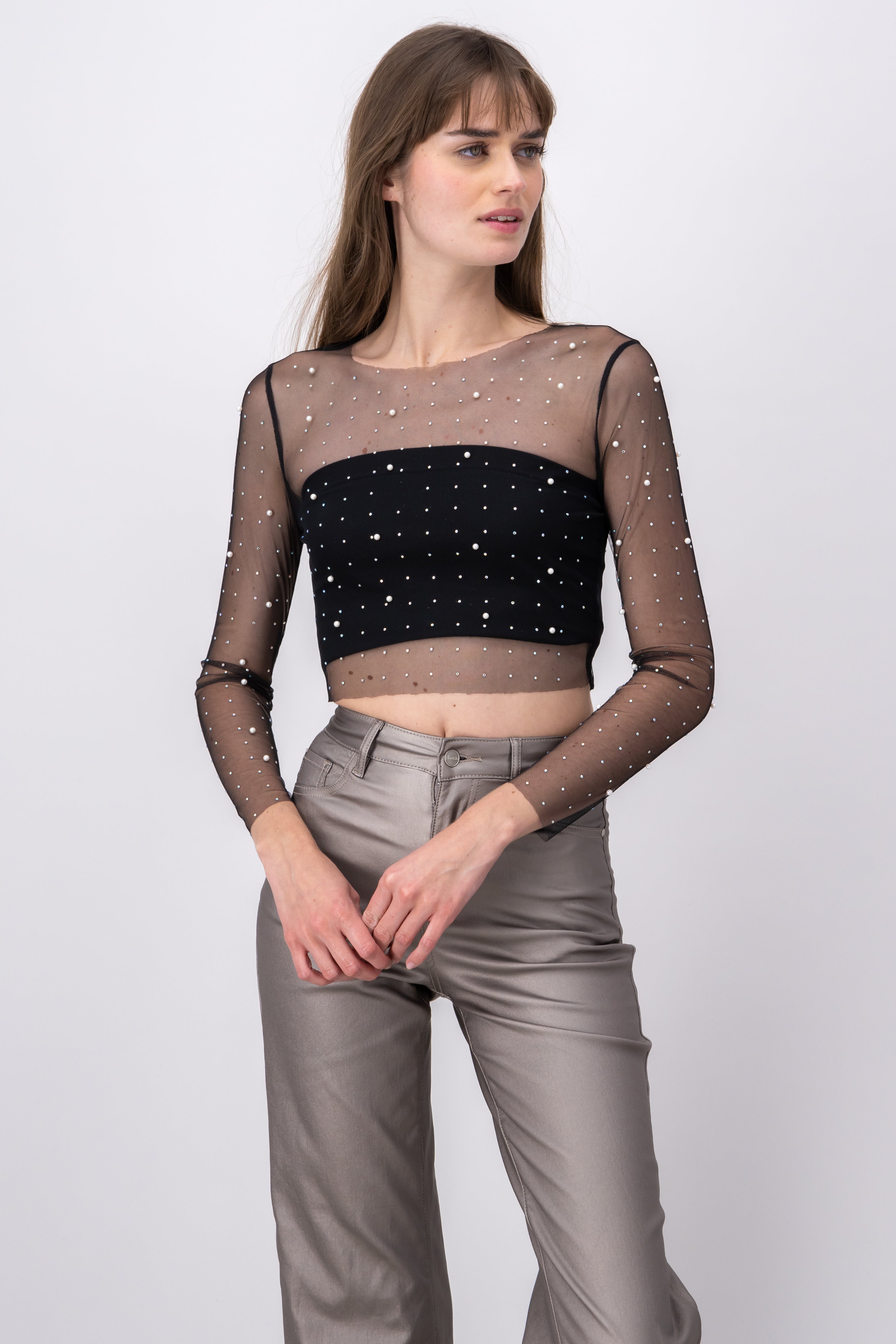Top mesh brilloso perlas NEGRO