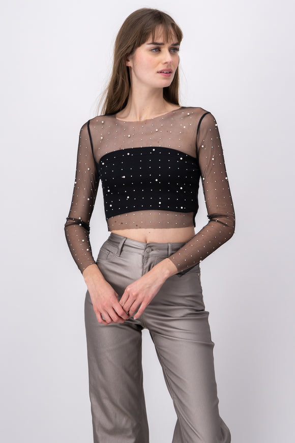 Top mesh brilloso perlas