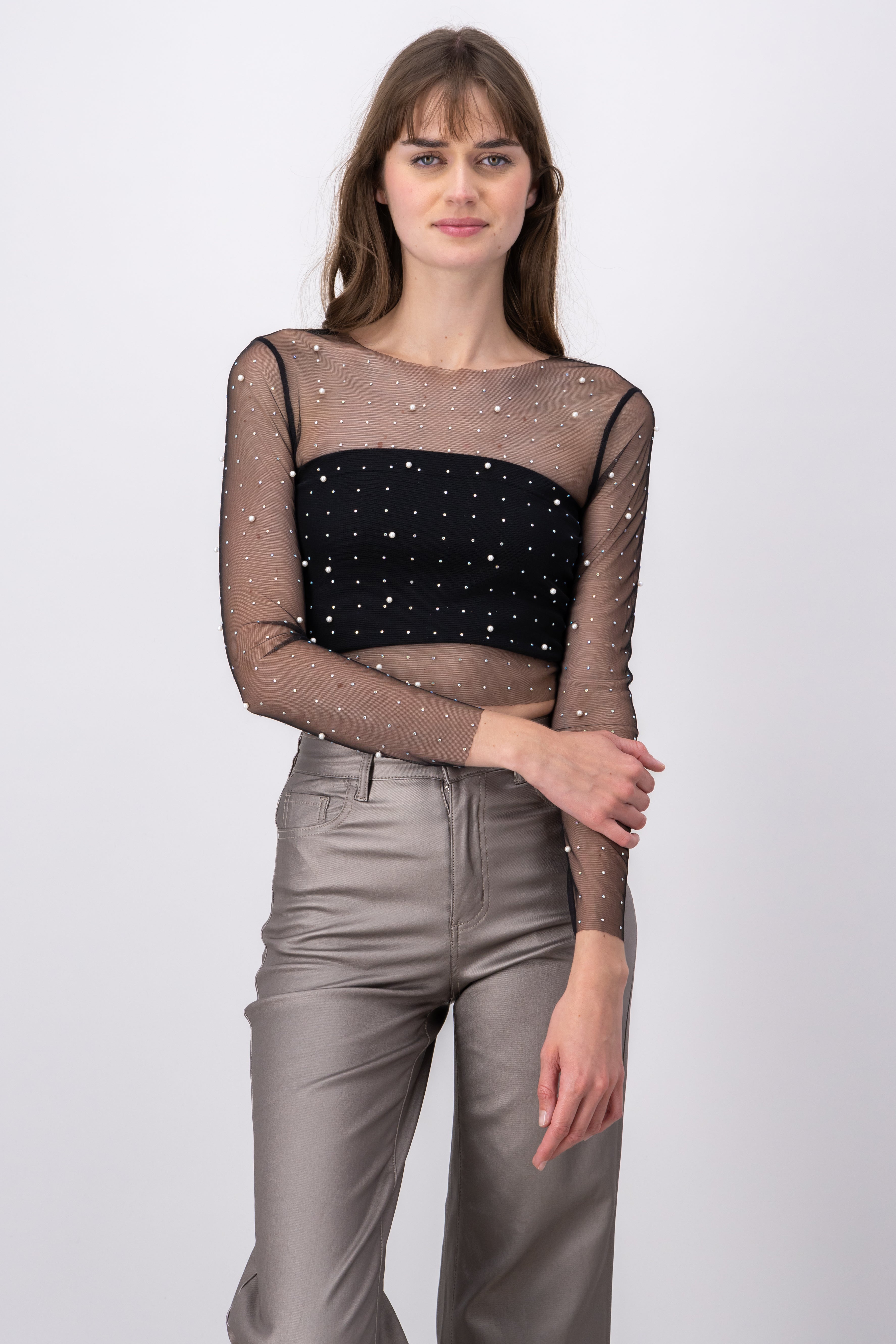 Top mesh brilloso perlas NEGRO