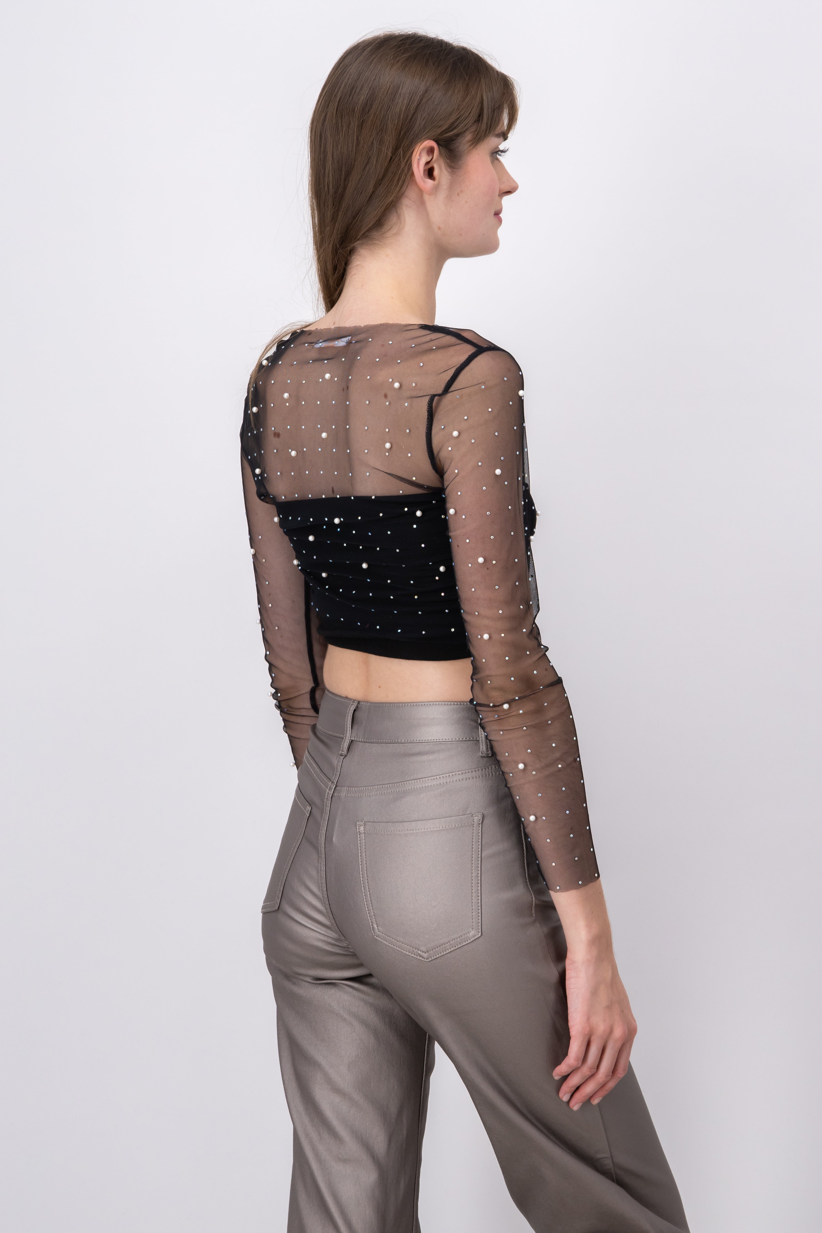 Top mesh brilloso perlas NEGRO