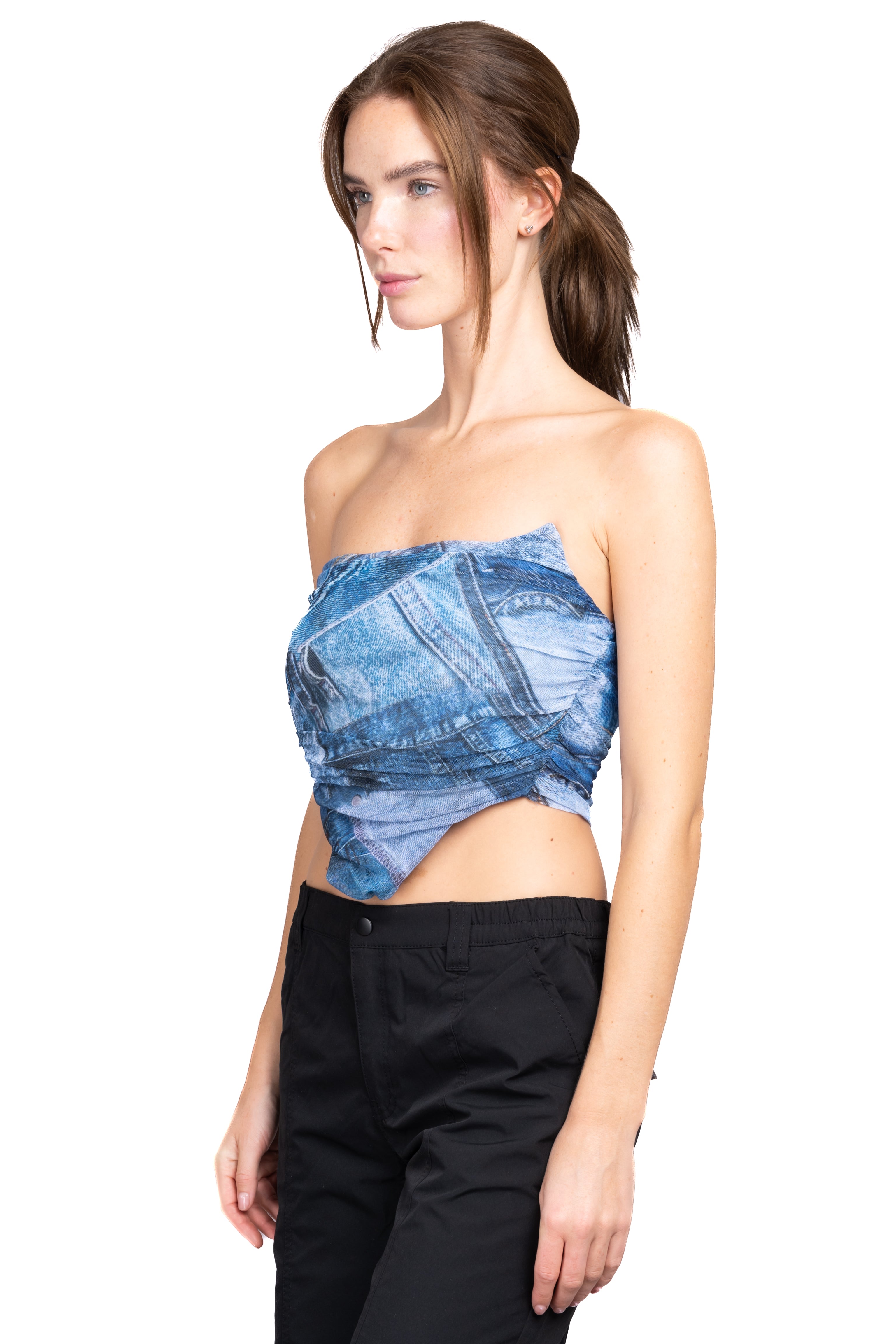 Top mesh strapless estampado AZUL COMBO