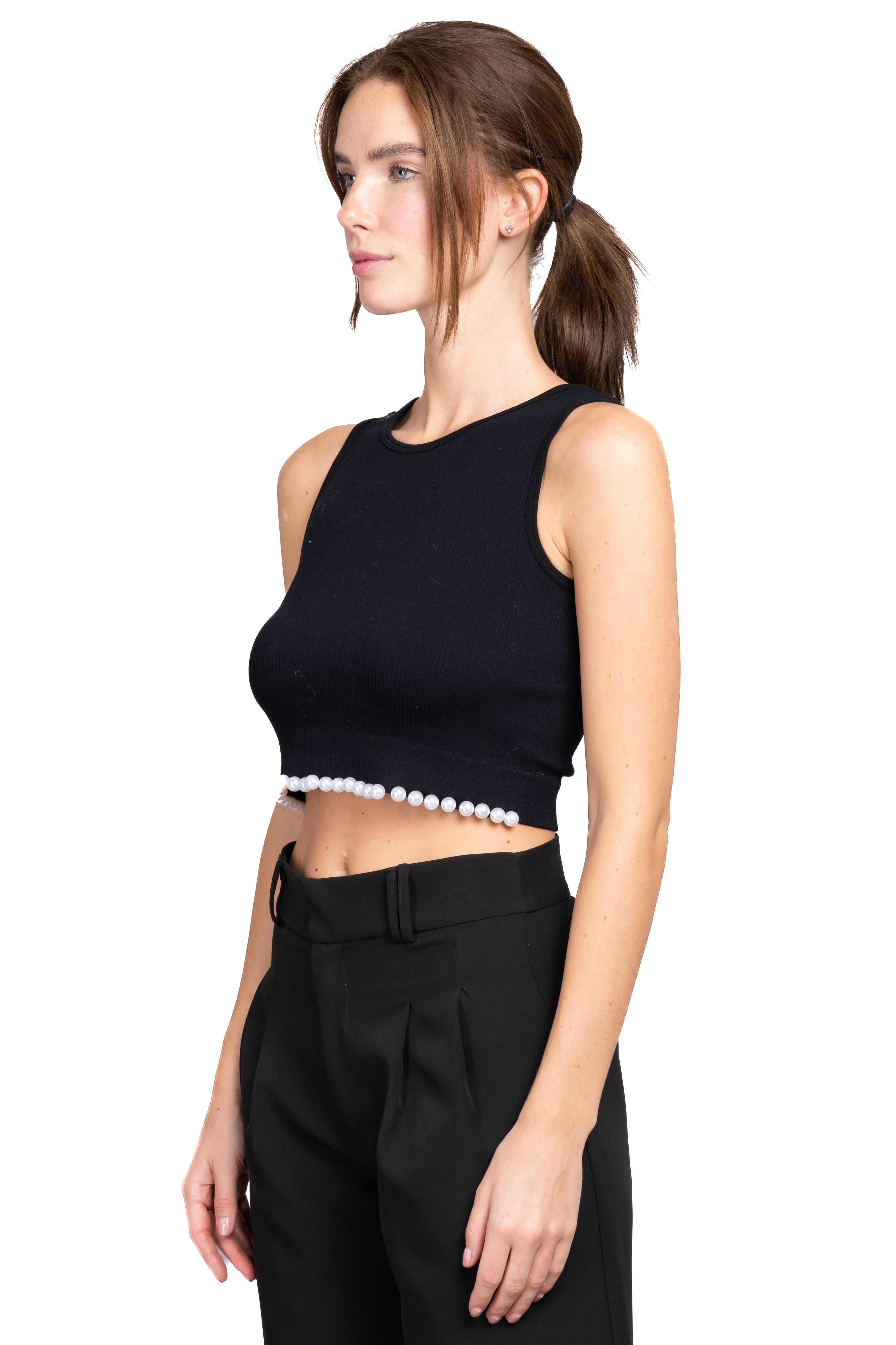 Top rib con detalle perlas NEGRO