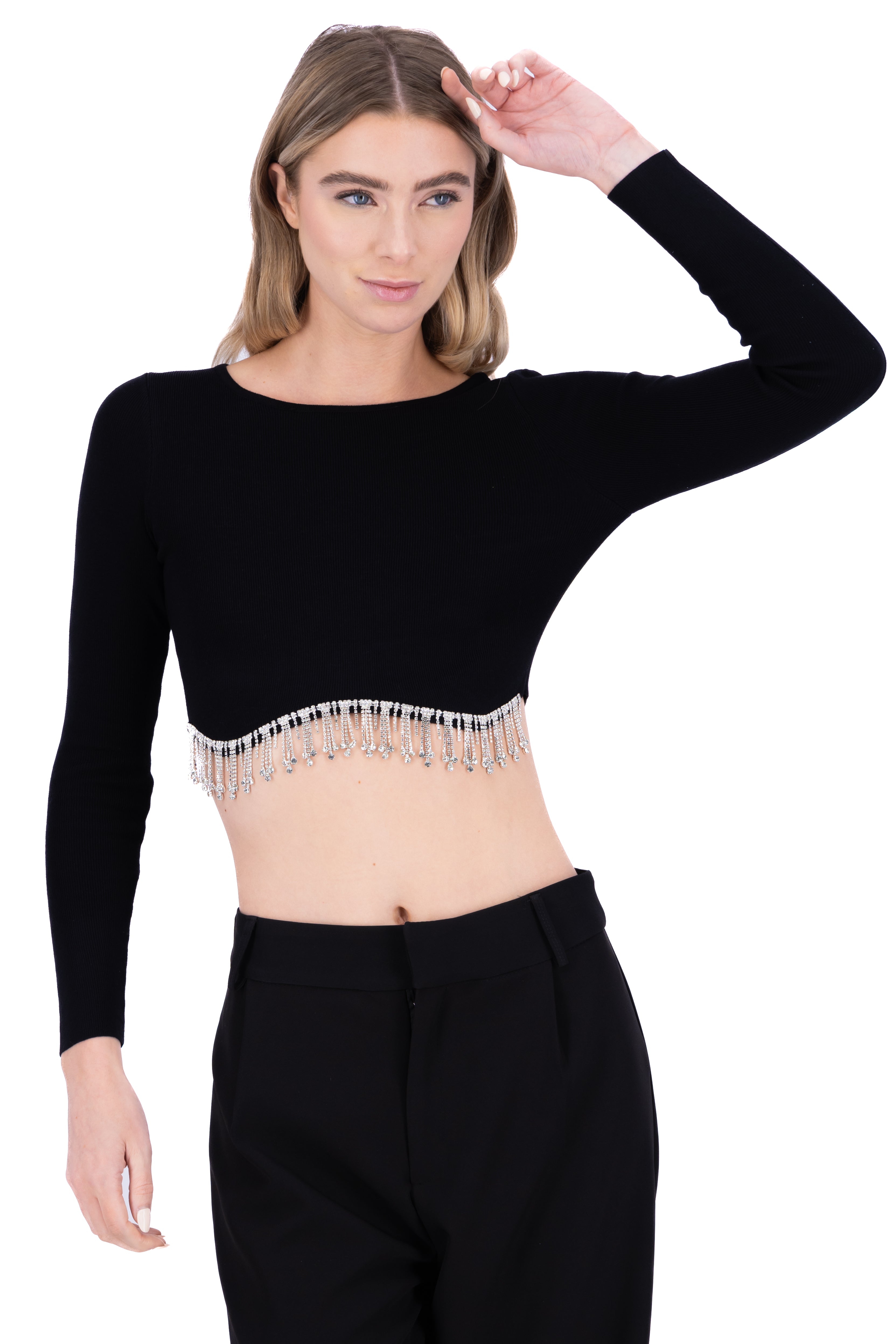Top ondulado flecos brillos NEGRO