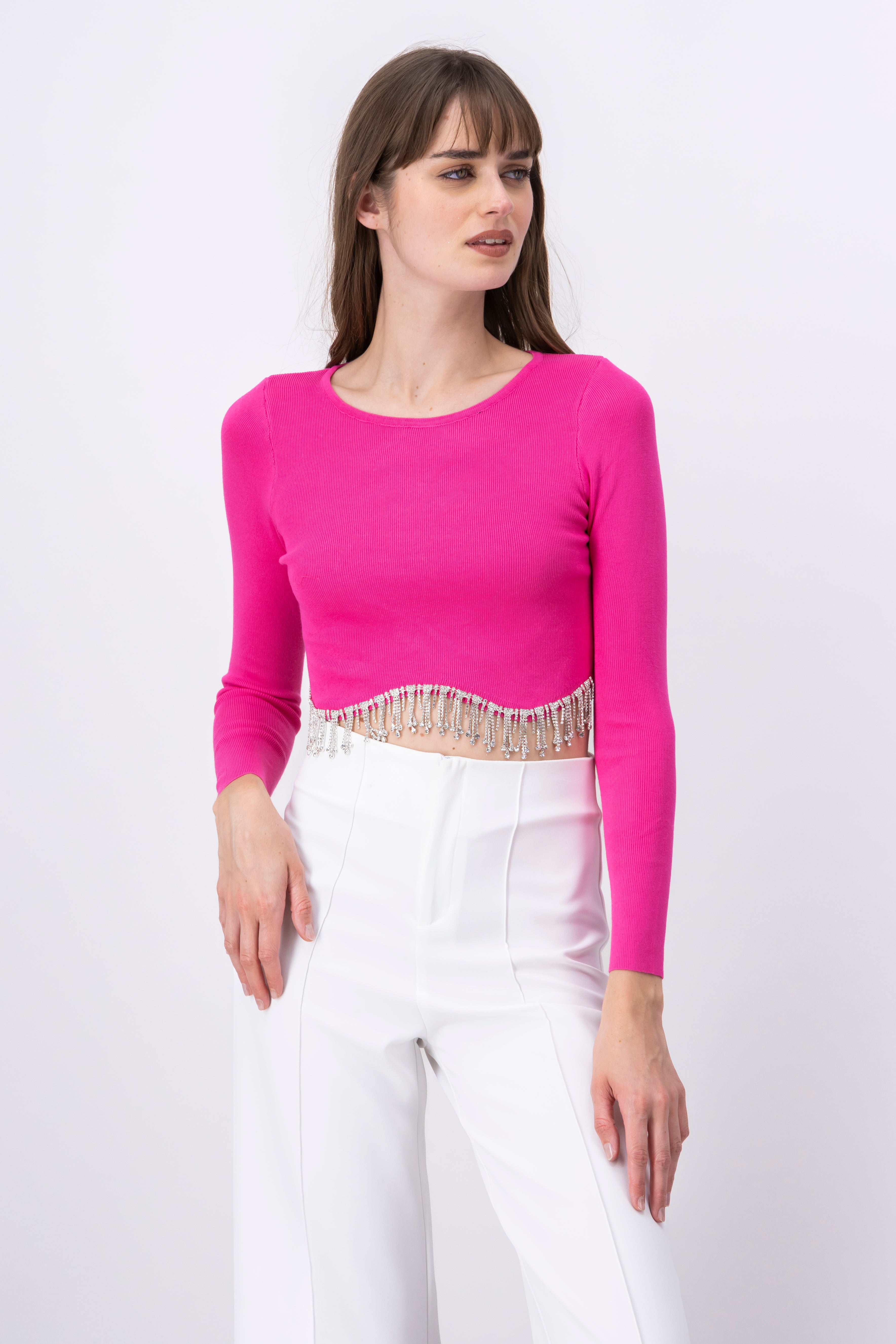 Top ondulado flecos brillos ROSA