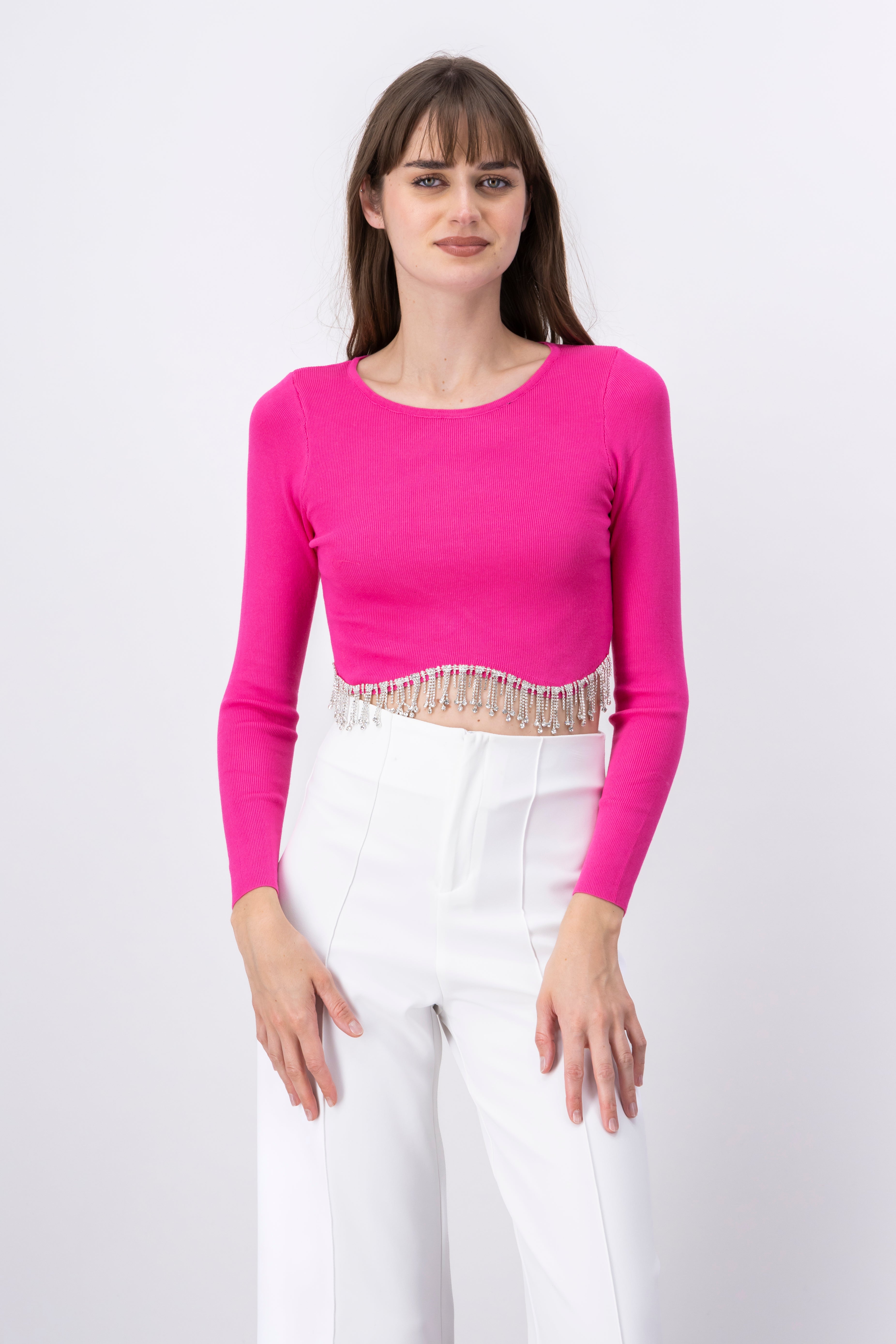 Top ondulado flecos brillos ROSA