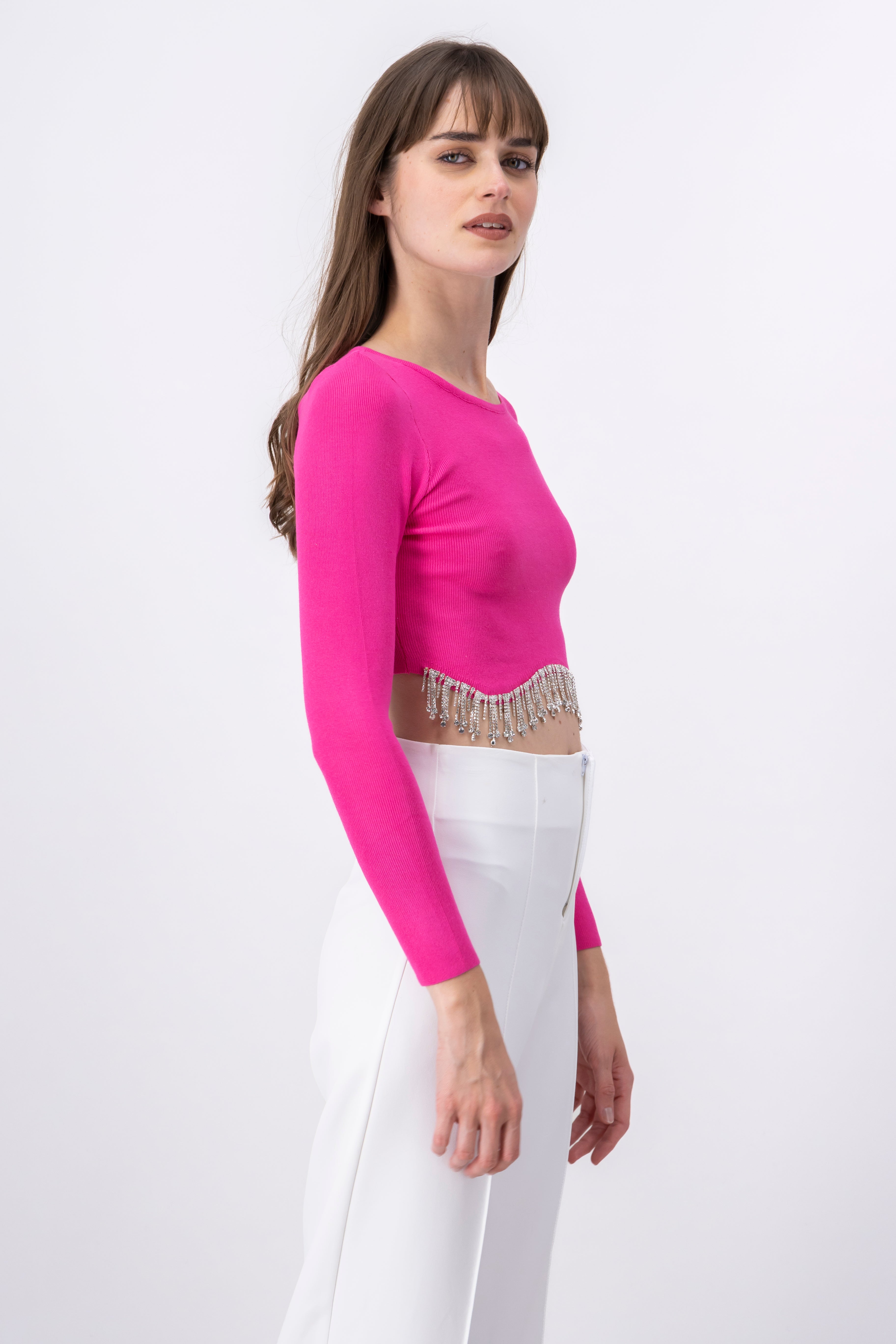 Top ondulado flecos brillos ROSA