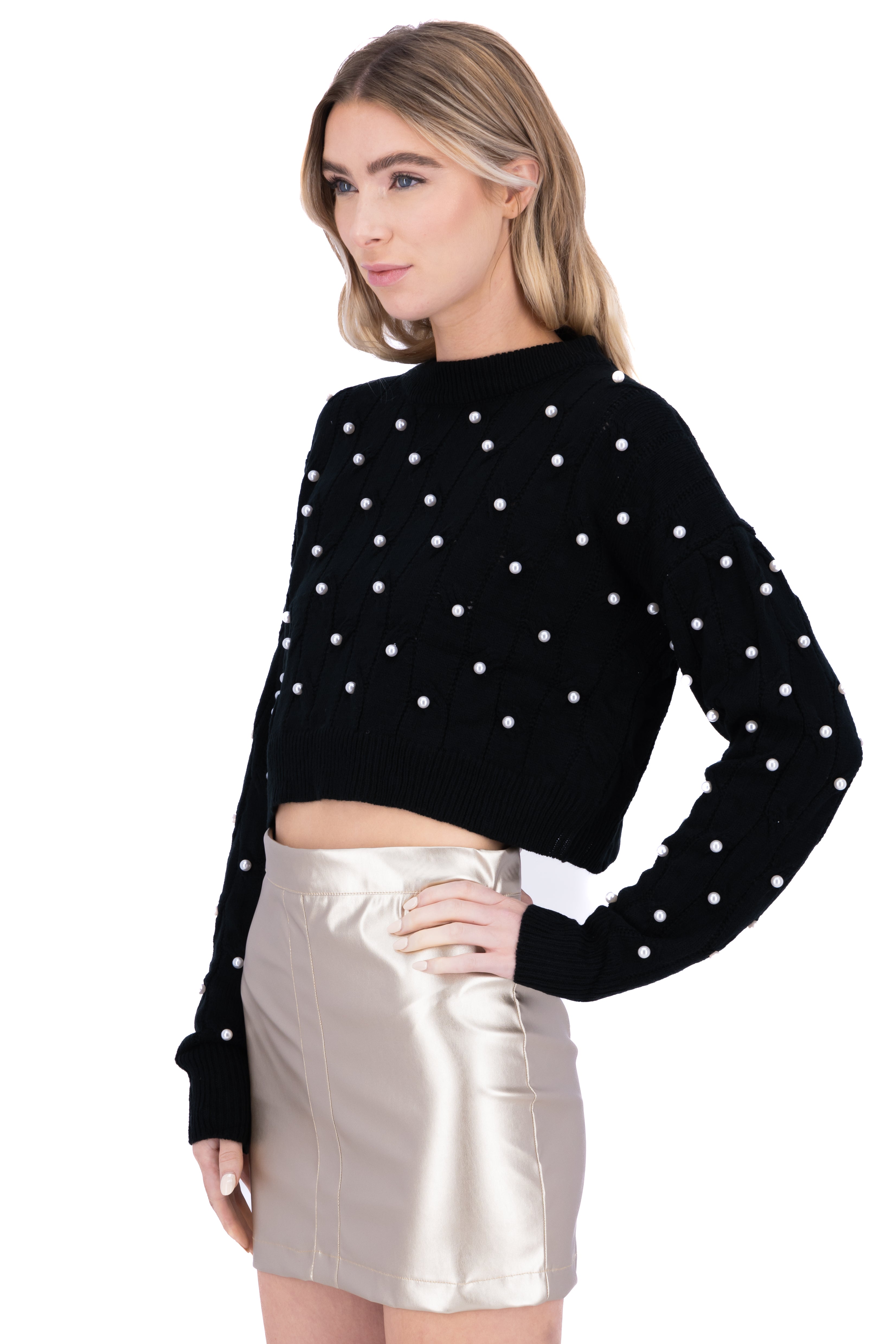 Suéter crop tejido perlas NEGRO