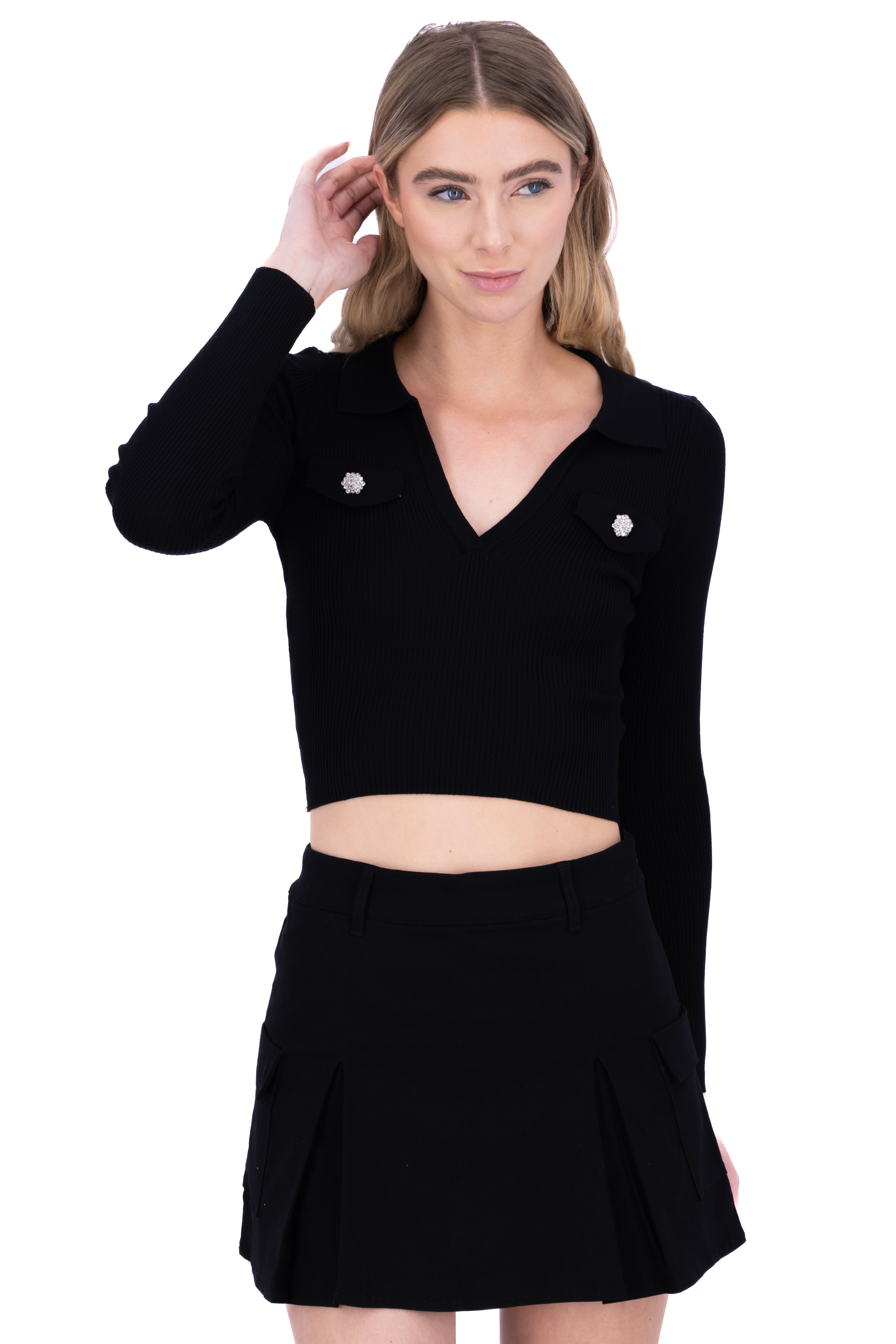 Blusa acanalada cuello polo NEGRO