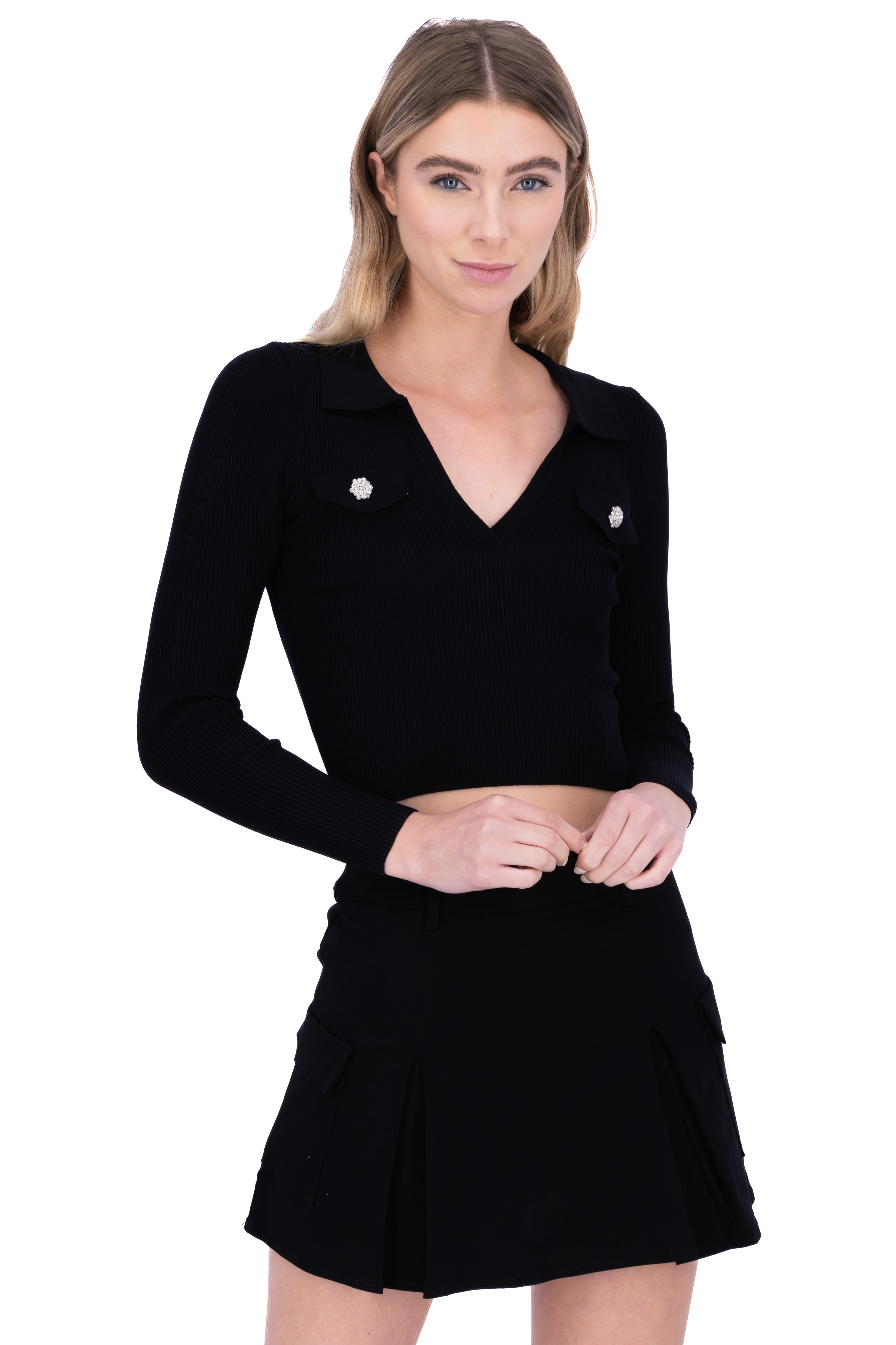 Blusa acanalada cuello polo NEGRO