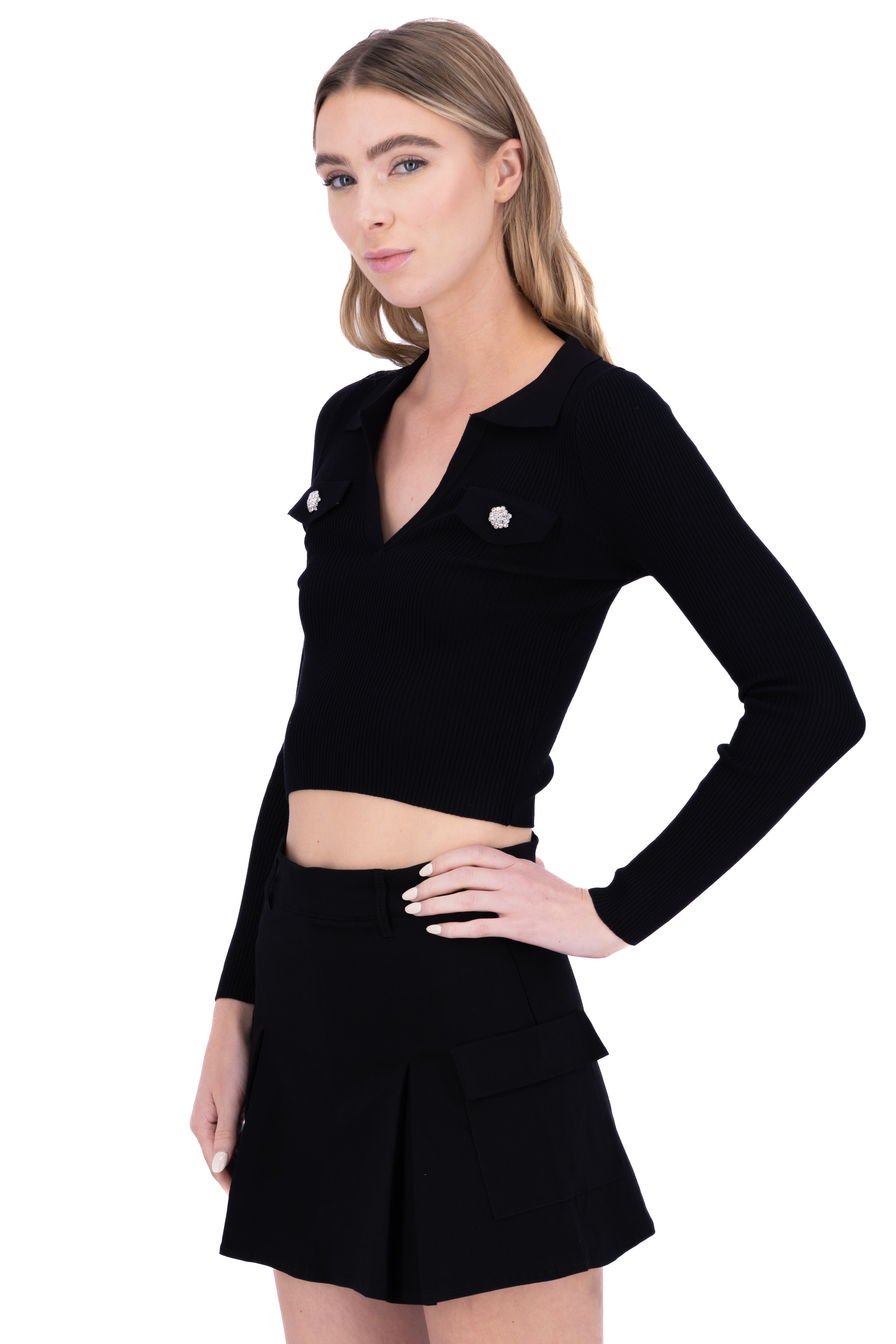 Blusa acanalada cuello polo NEGRO