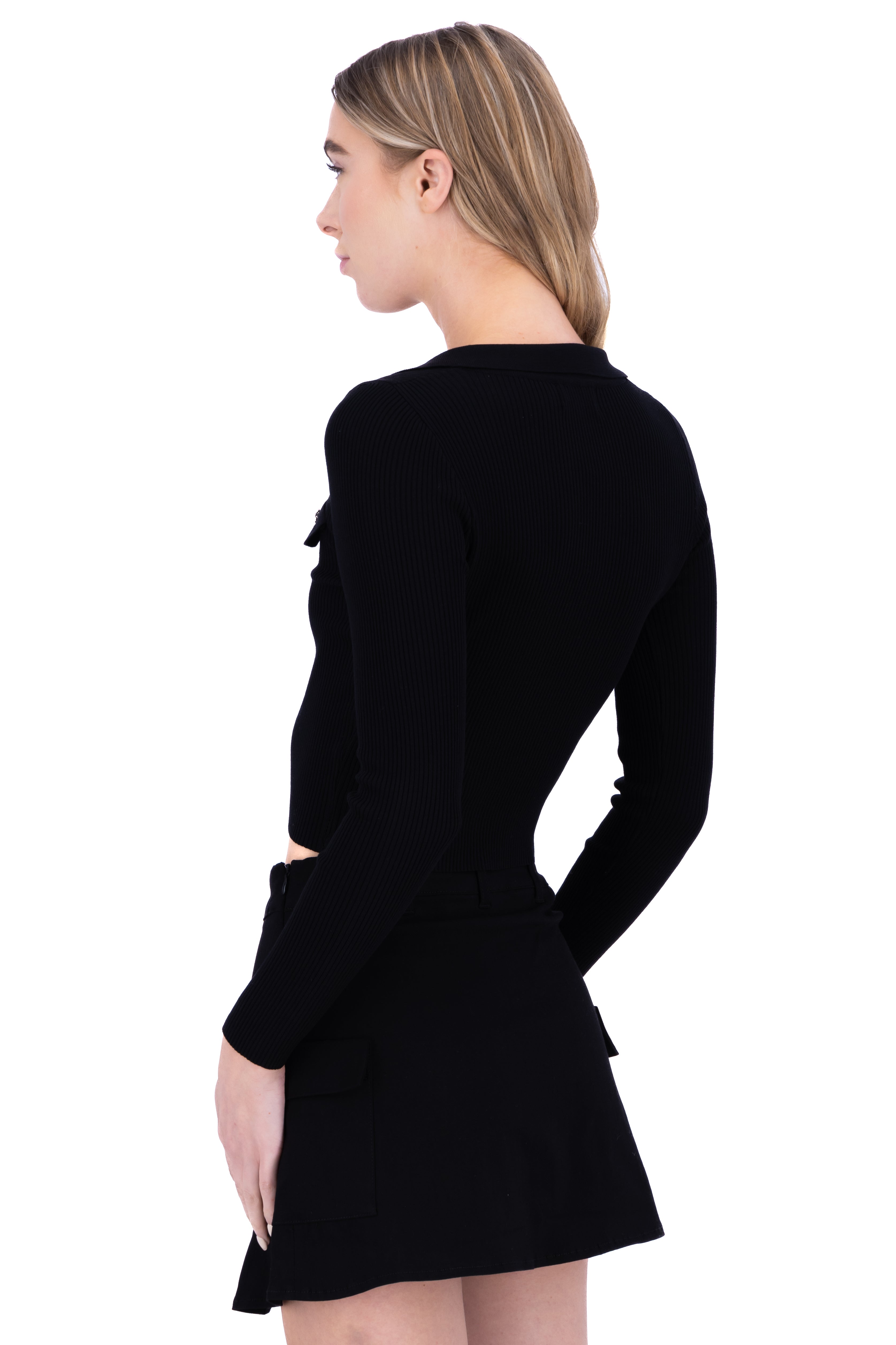 Blusa acanalada cuello polo NEGRO