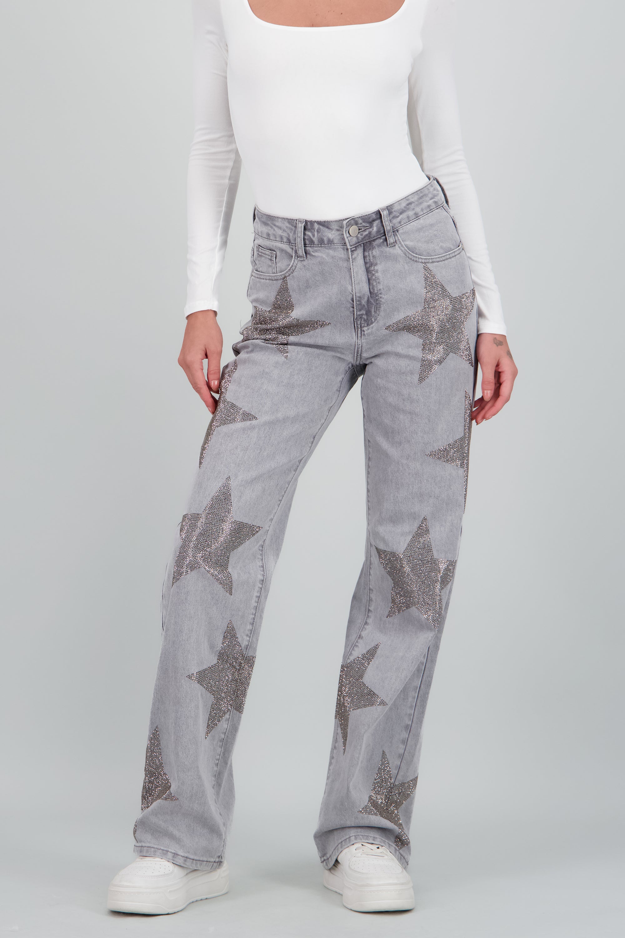 Jeans wide leg estrellas GRIS CLARO