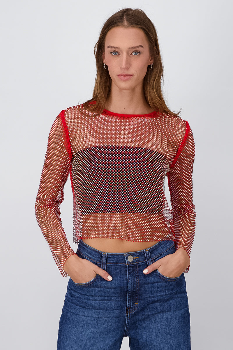 Top Red Brillos Manga Larga