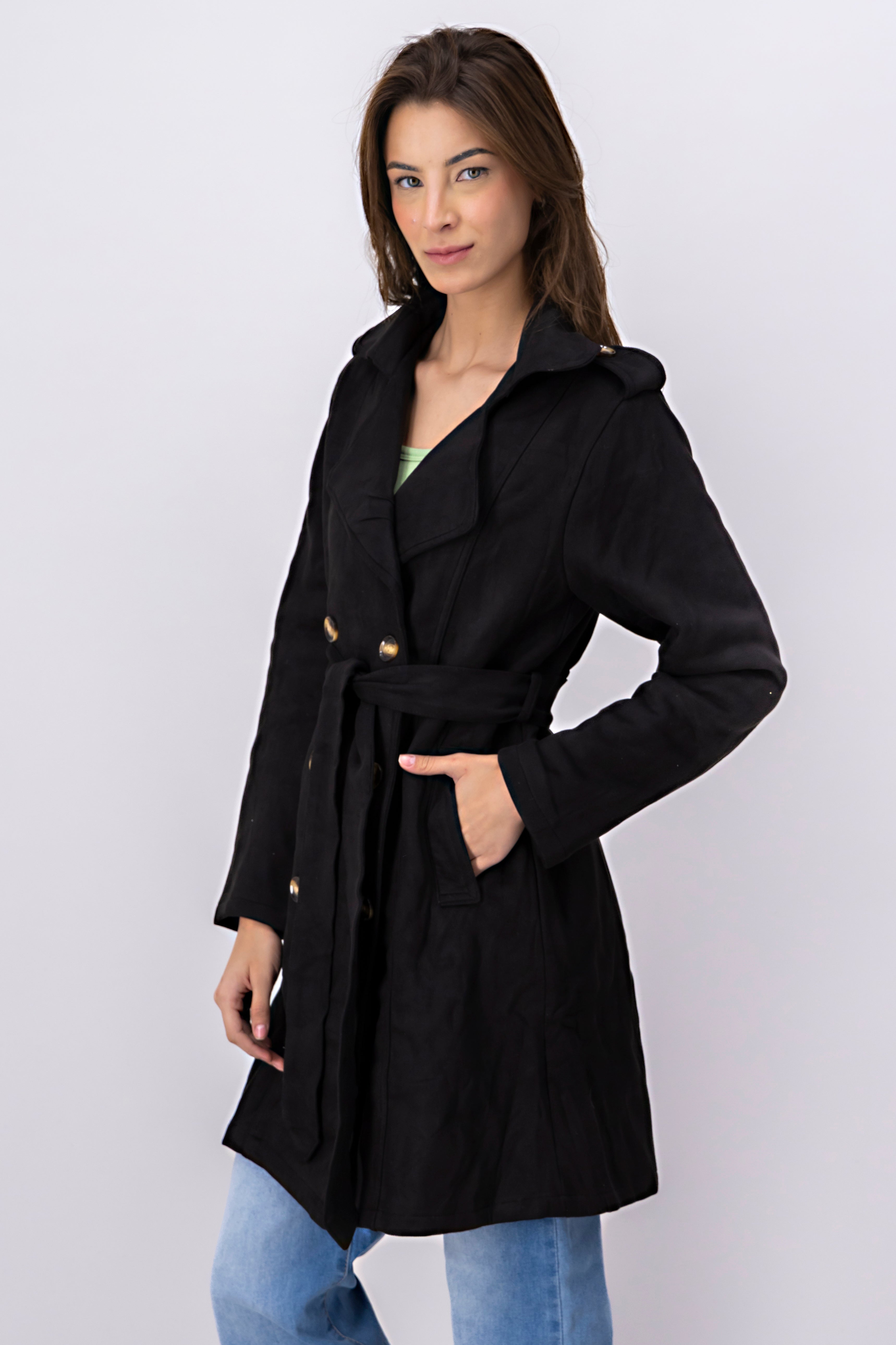 Abrigo largo suede NEGRO