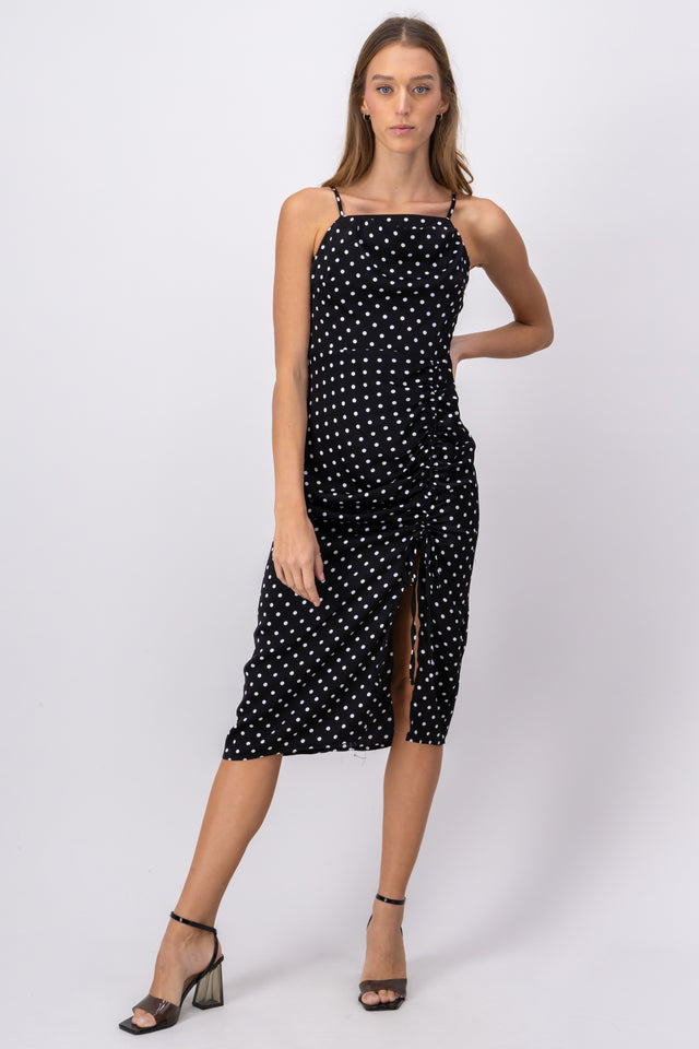 Vestido midi polka dots fruncido