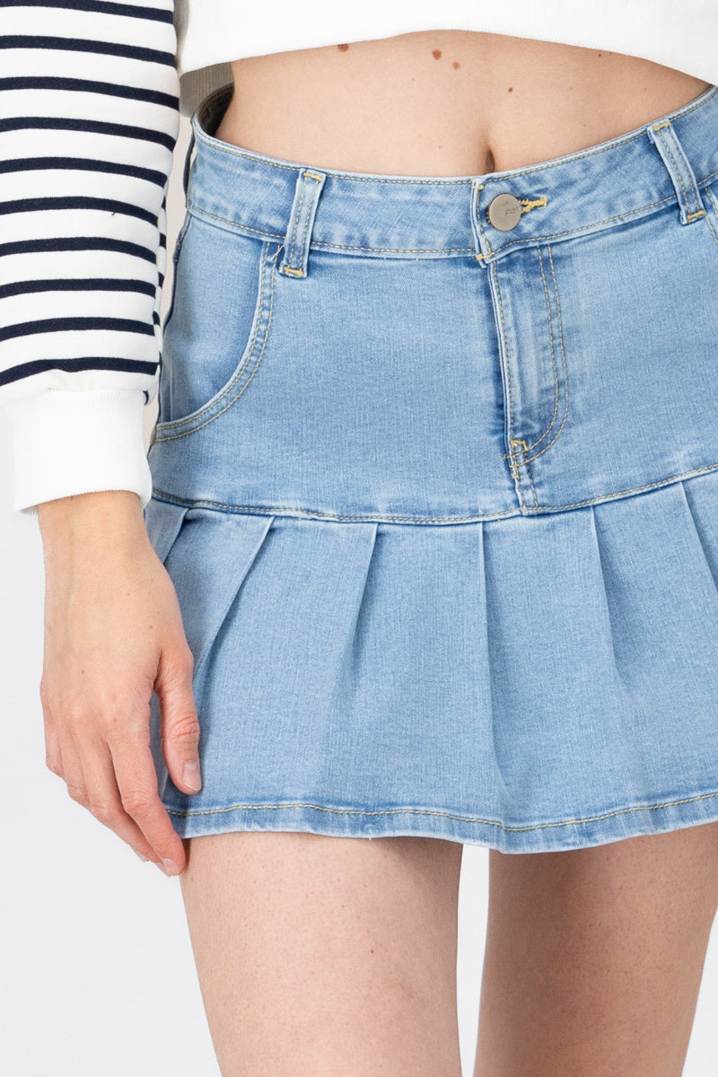 Falda mini tableada denim BLEACHED