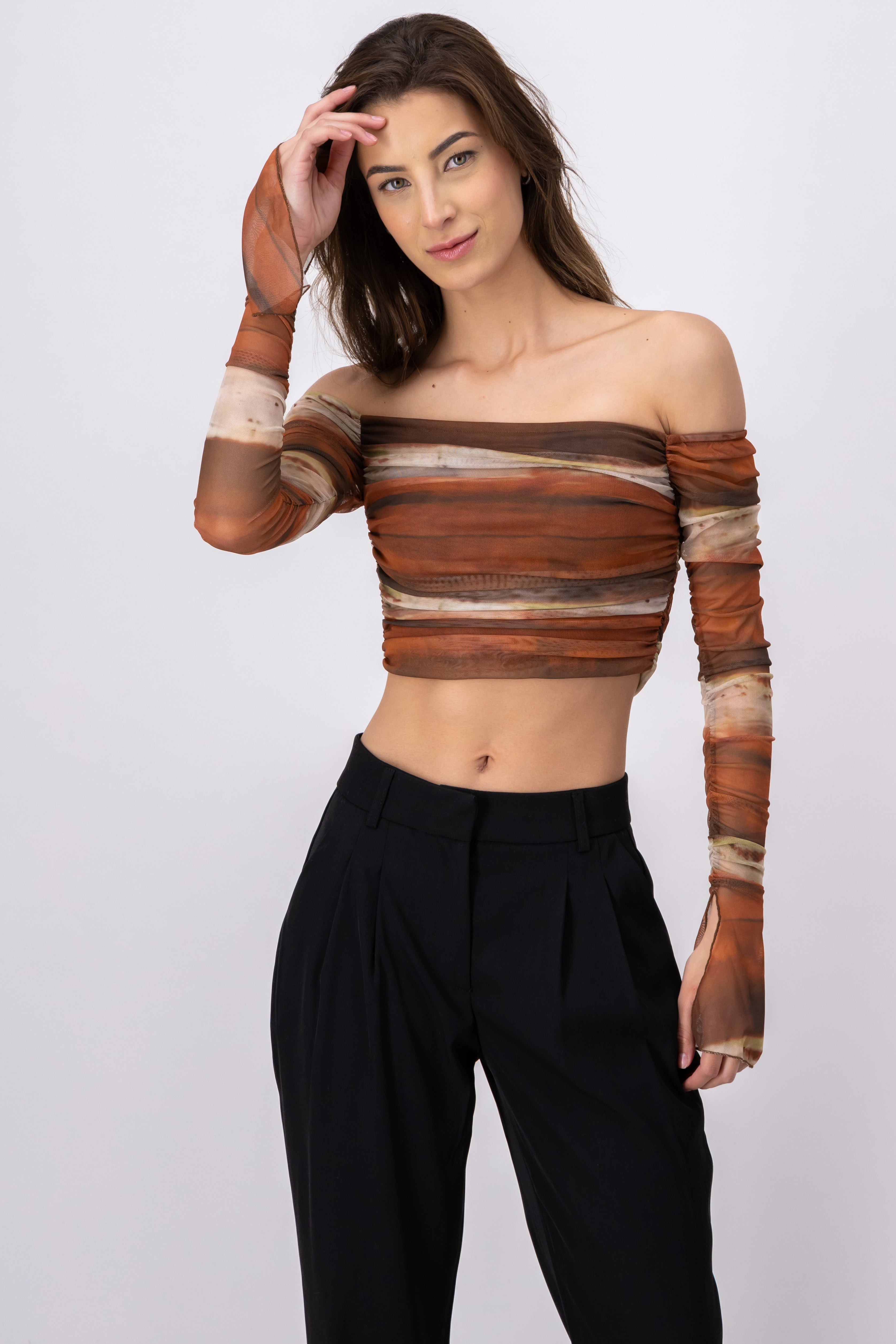 Top mesh strapless manga fruncida CAFE COMBO