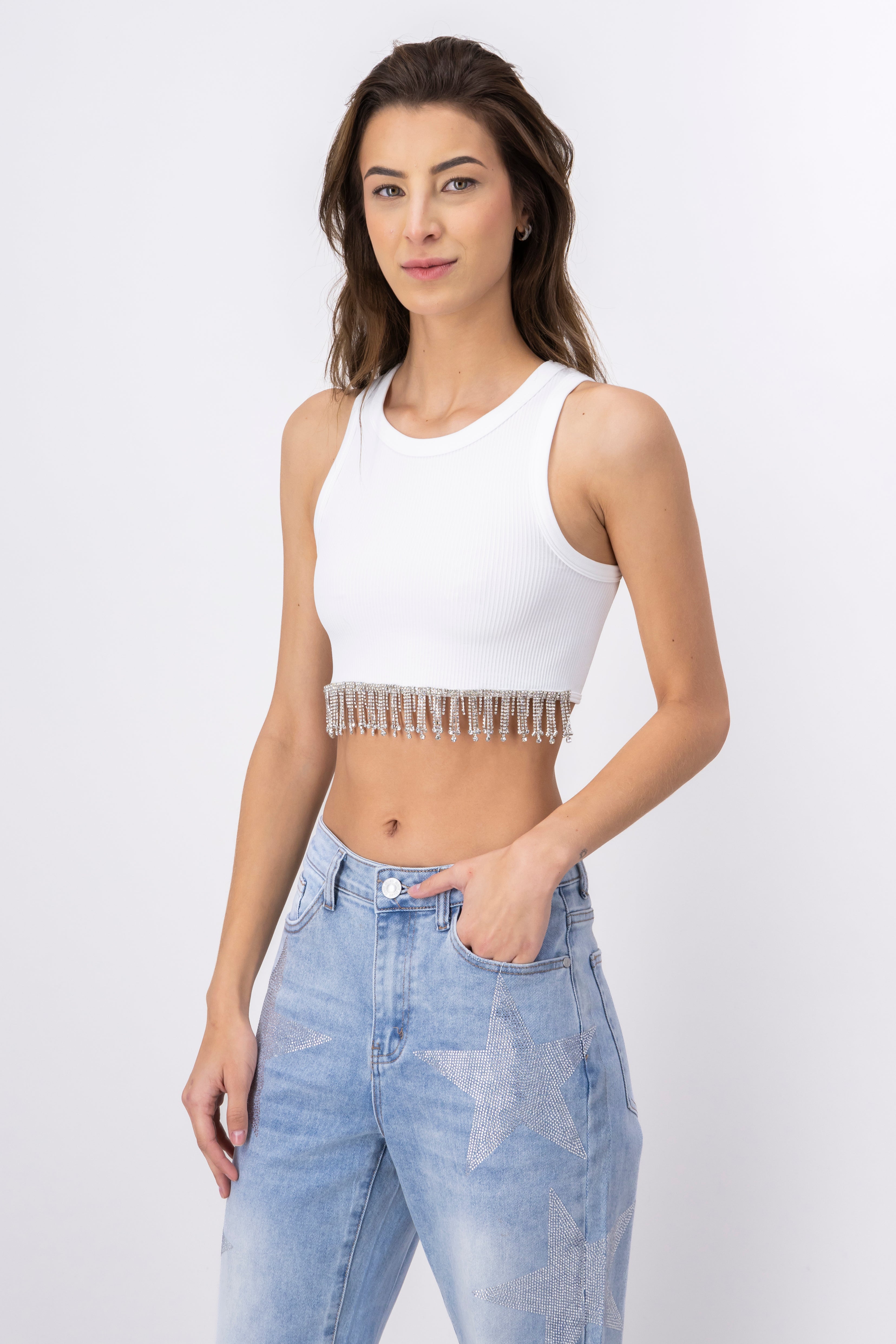 Top crop flequillos brillos BLANCO