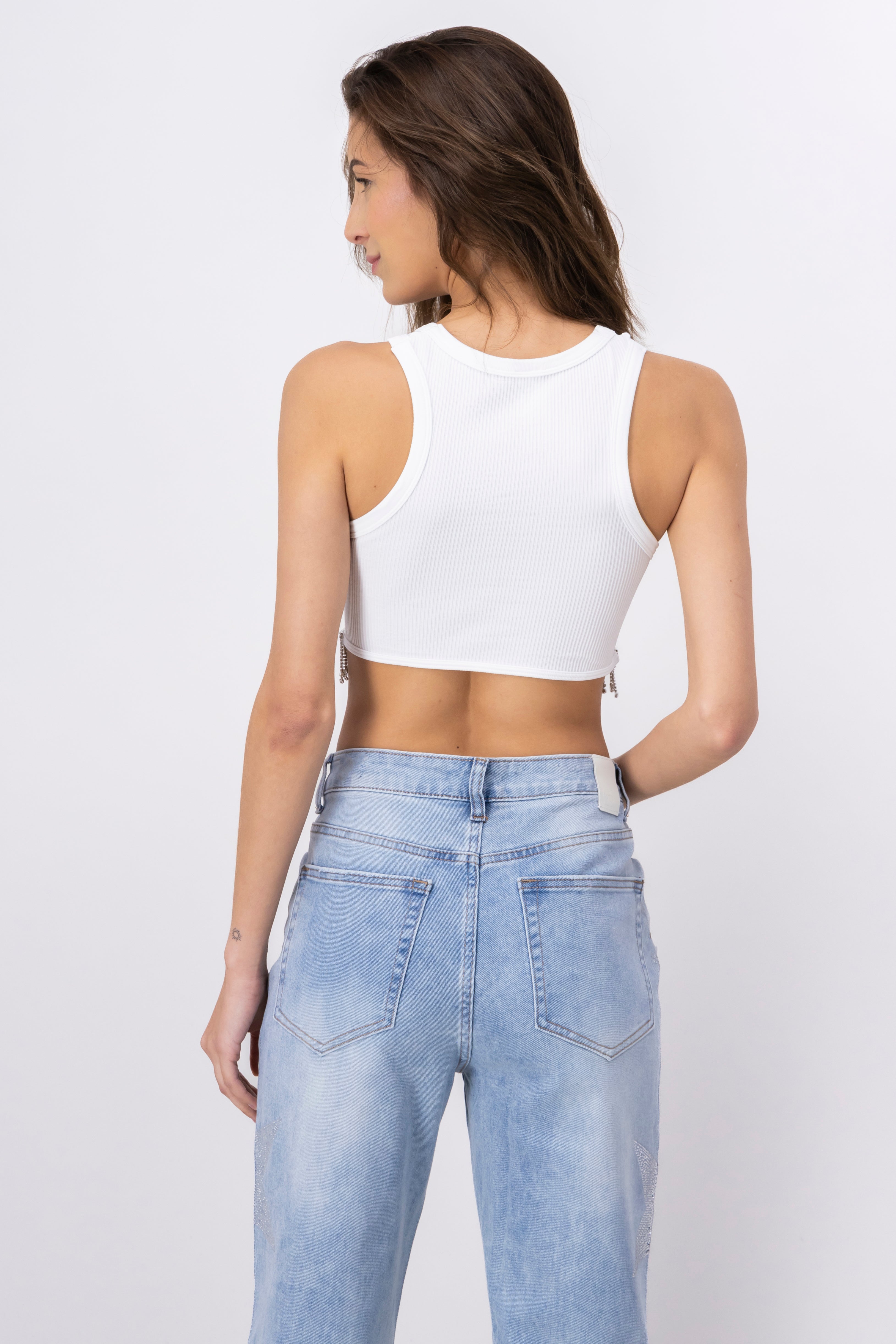 Top crop flequillos brillos BLANCO