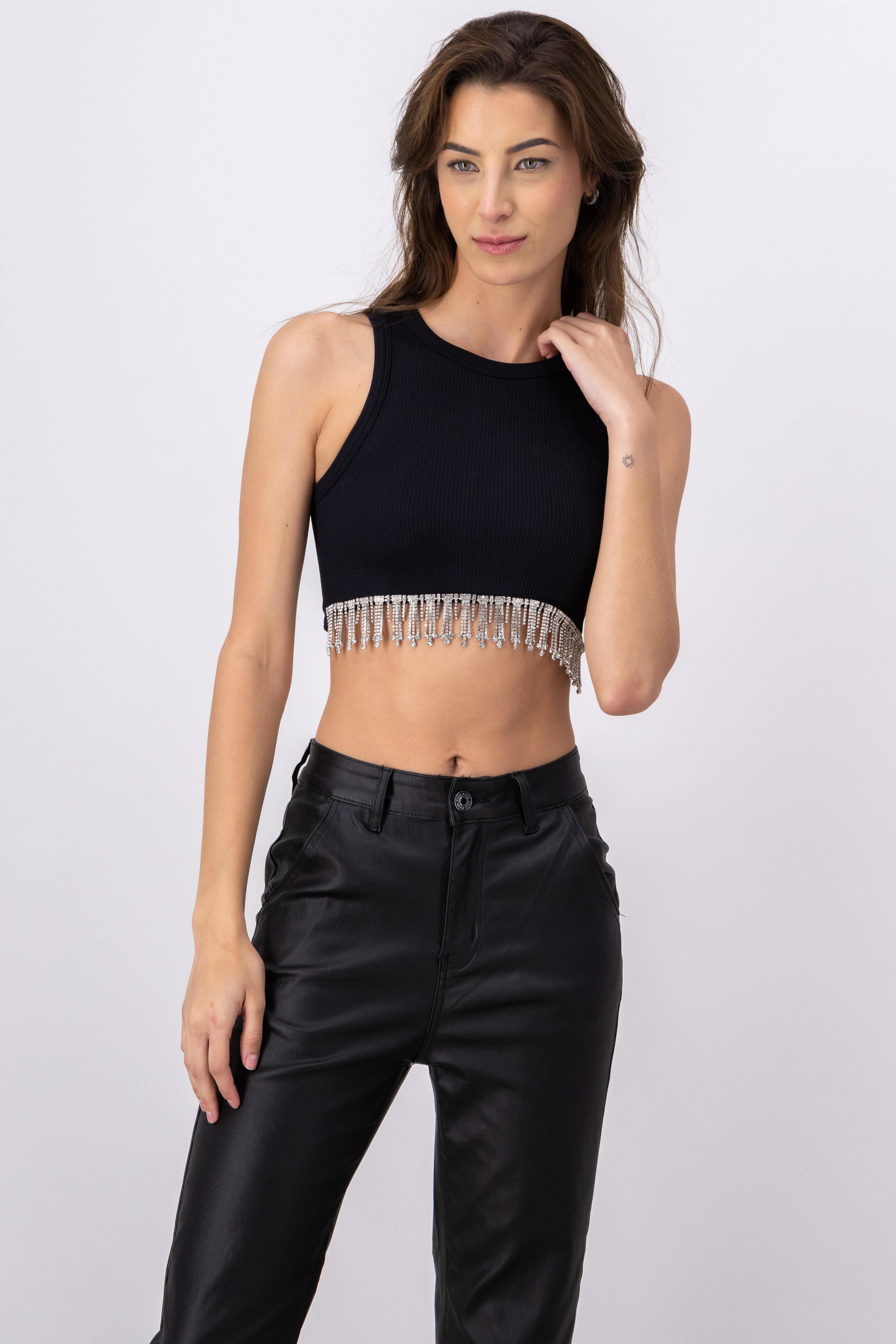 Top crop flequillos brillos NEGRO