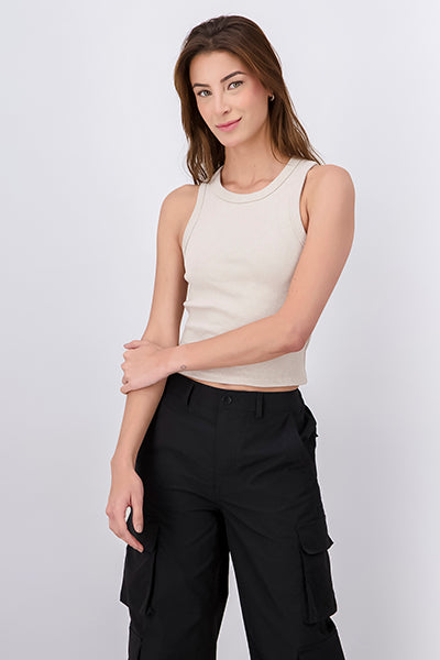 Top Sin Manga De Rib Grueso KHAKI